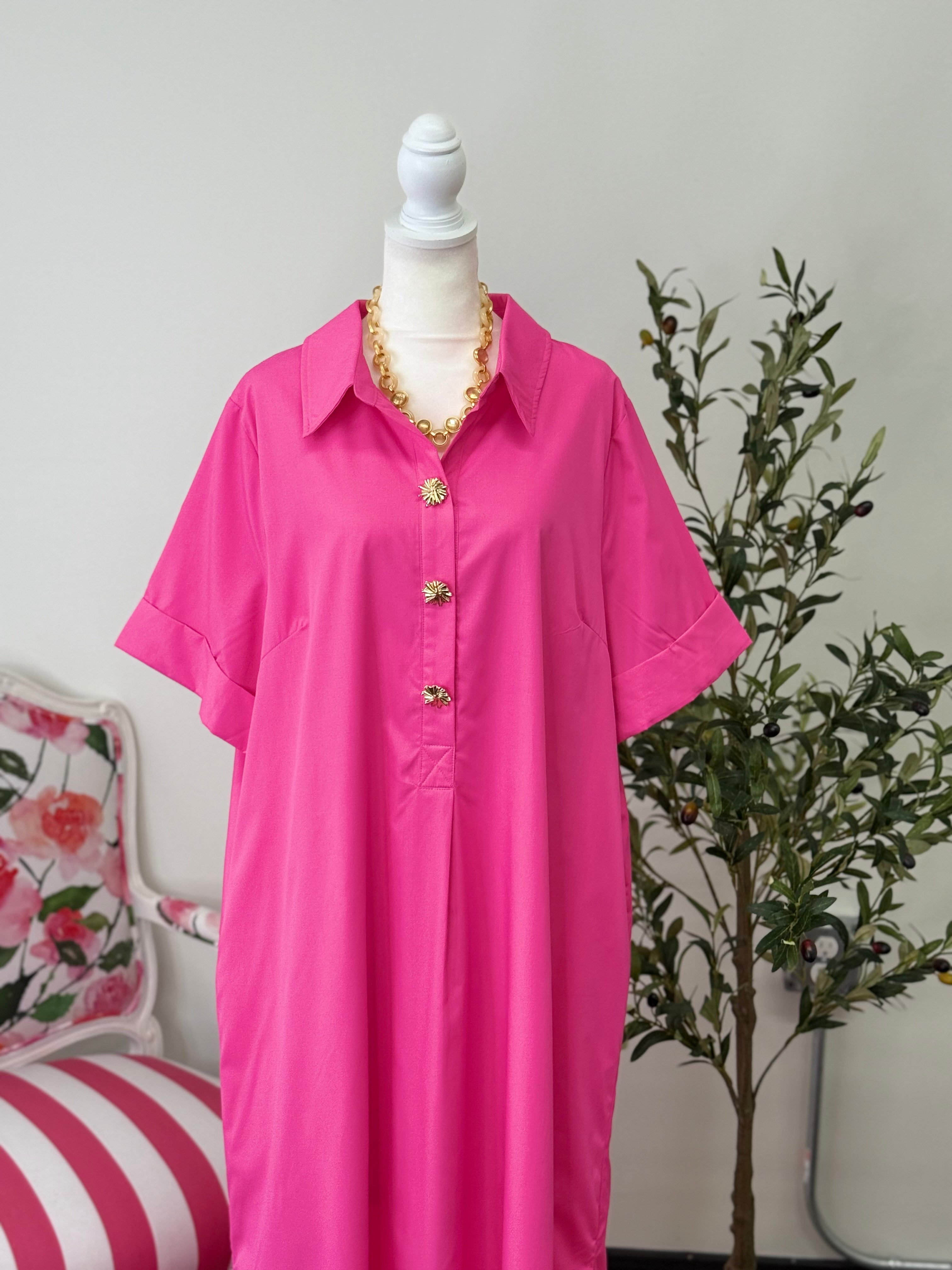 [Plus] Gold Button Dress-Pink