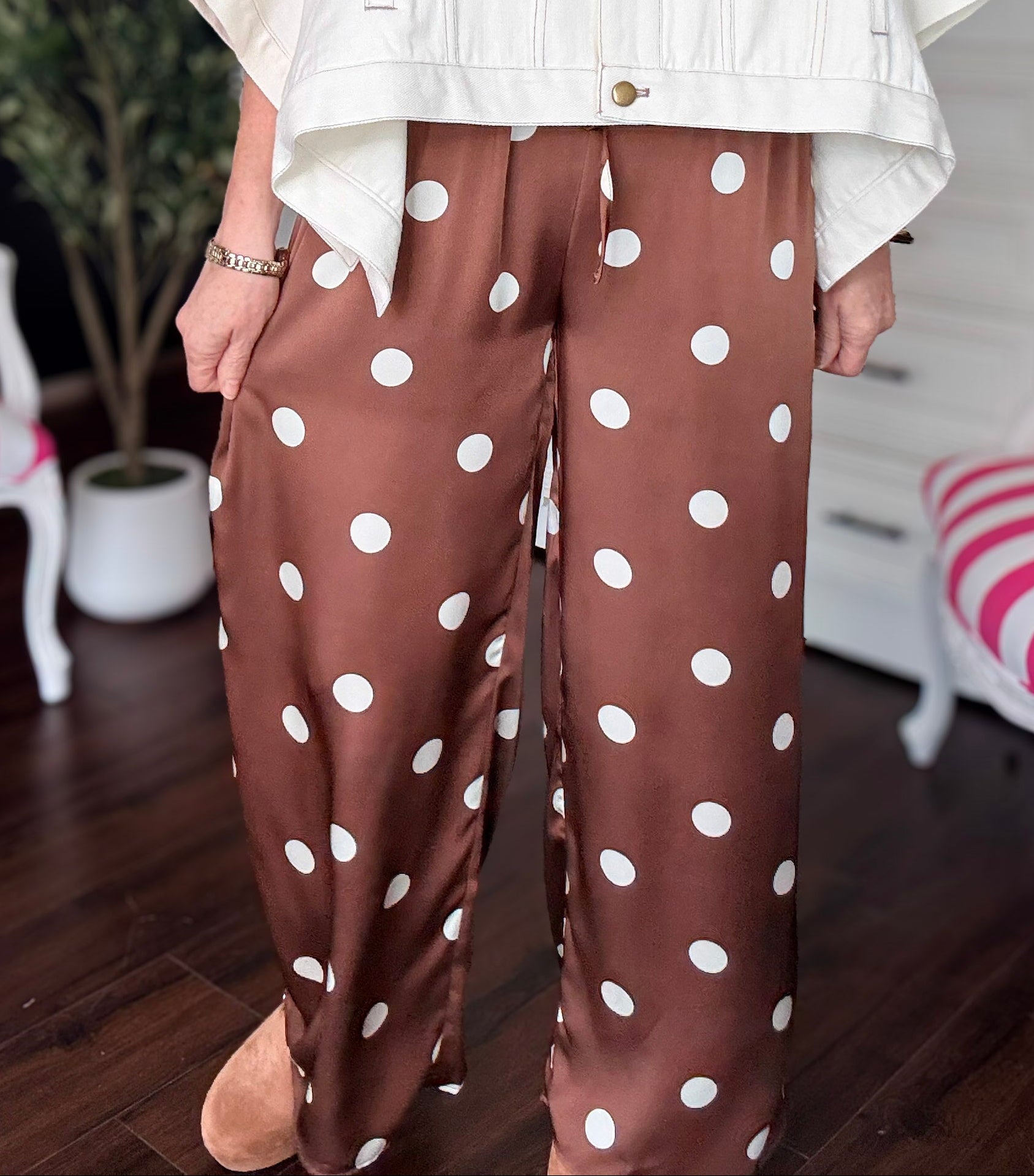 Polka Dot Pants with Drawstring-Brown