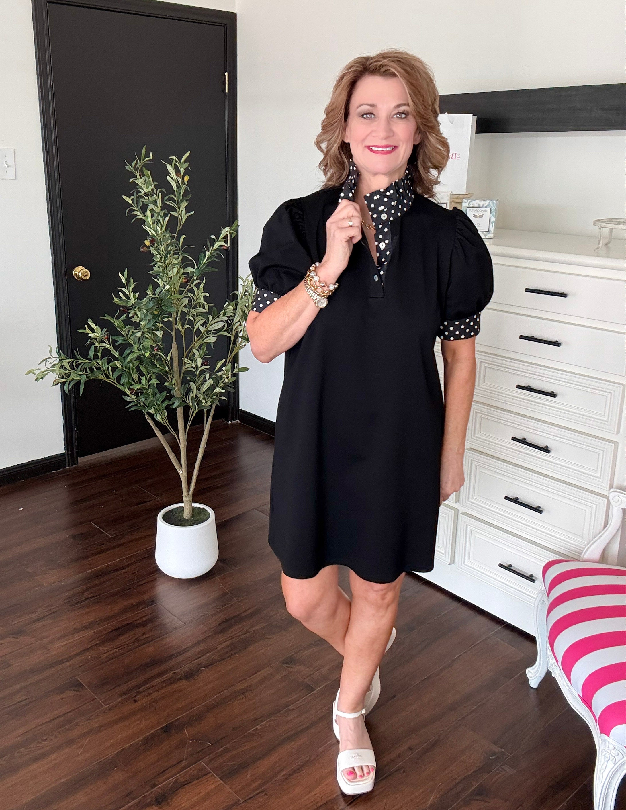 Polka Dot Ruffle Neck Dress-Black