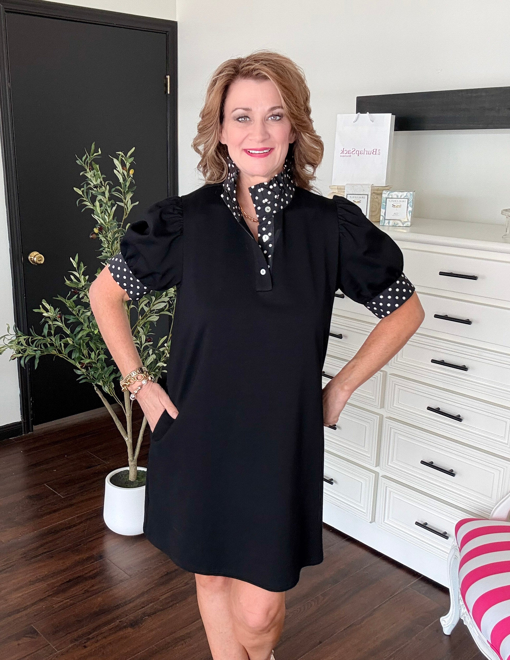 Polka Dot Ruffle Neck Dress-Black