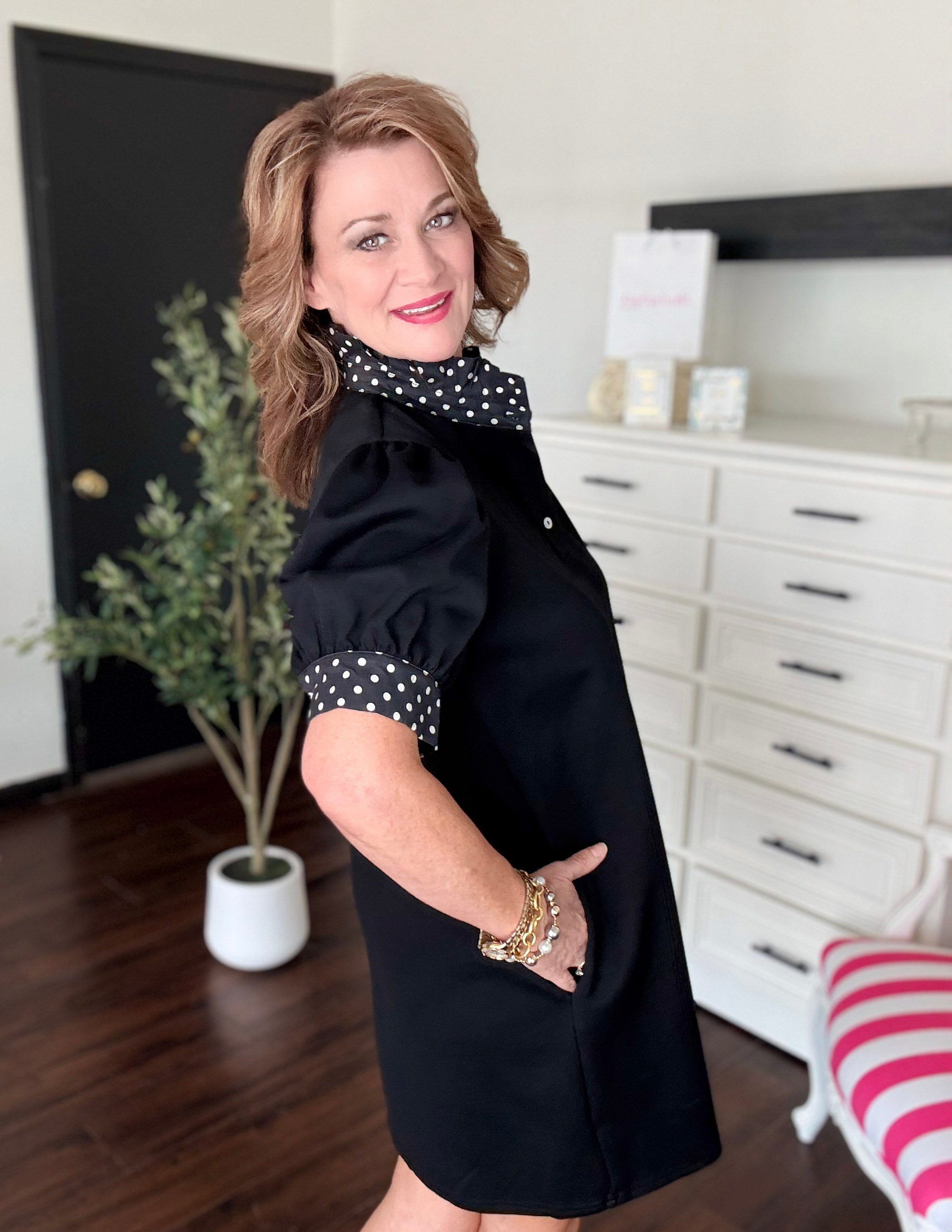 Polka Dot Ruffle Neck Dress-Black