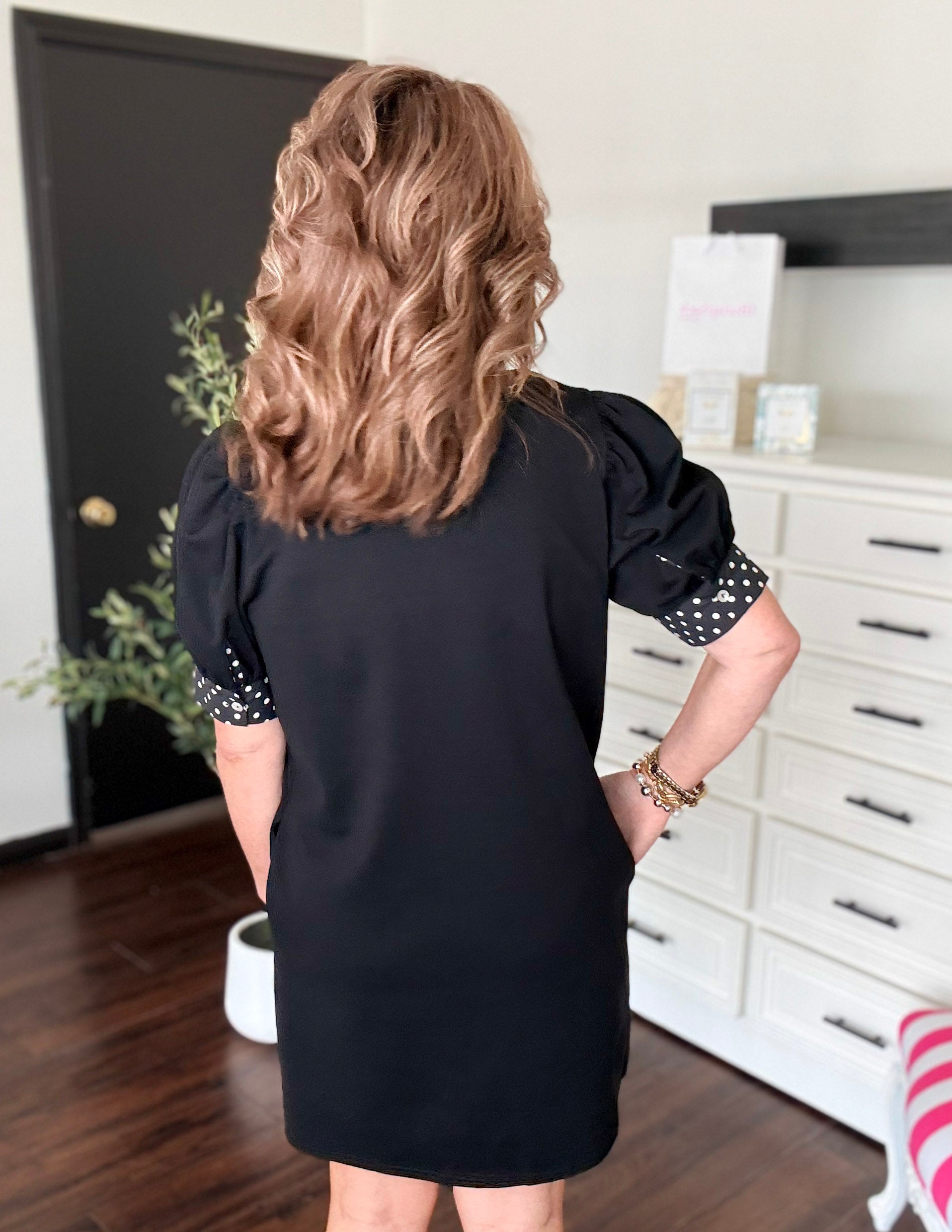 Polka Dot Ruffle Neck Dress-Black