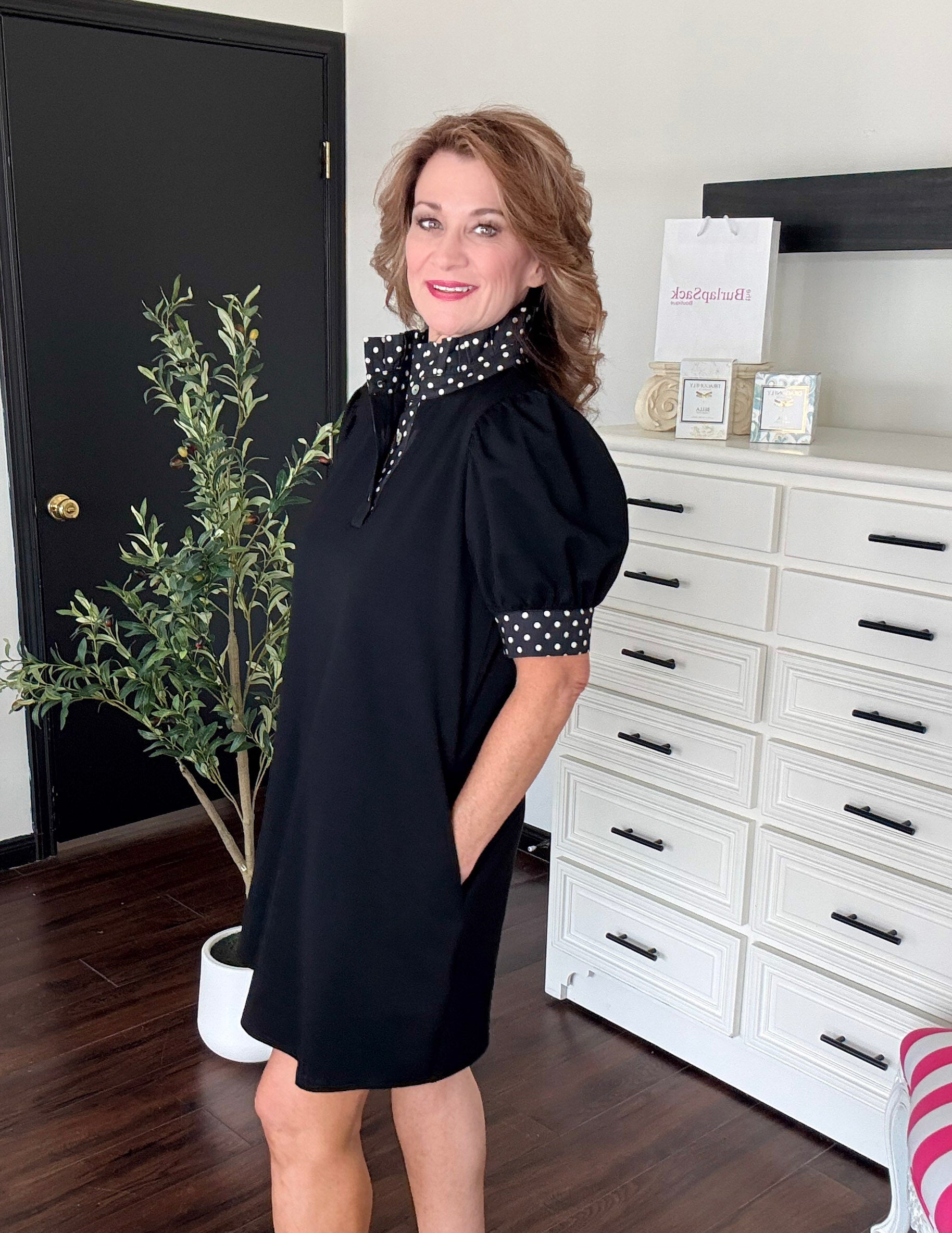 Polka Dot Ruffle Neck Dress-Black