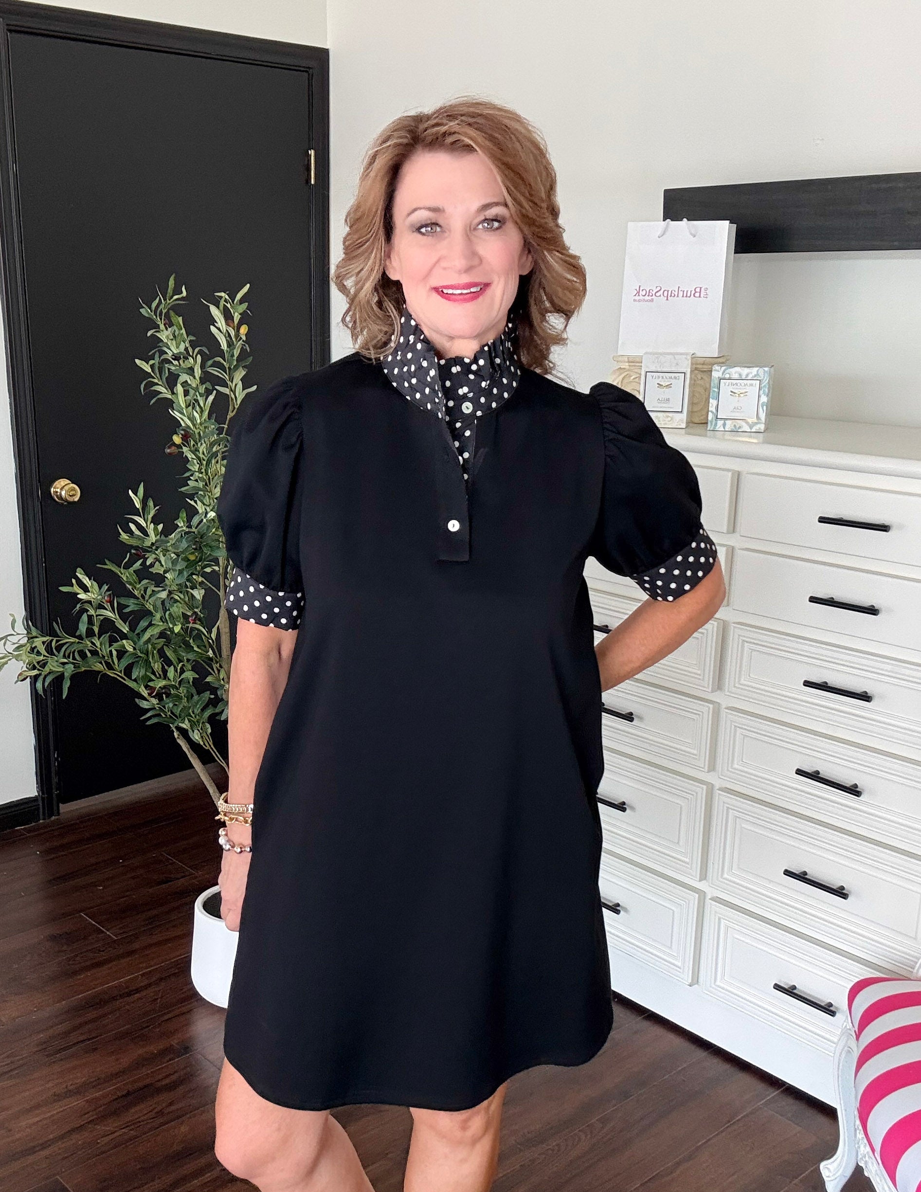 Polka Dot Ruffle Neck Dress-Black