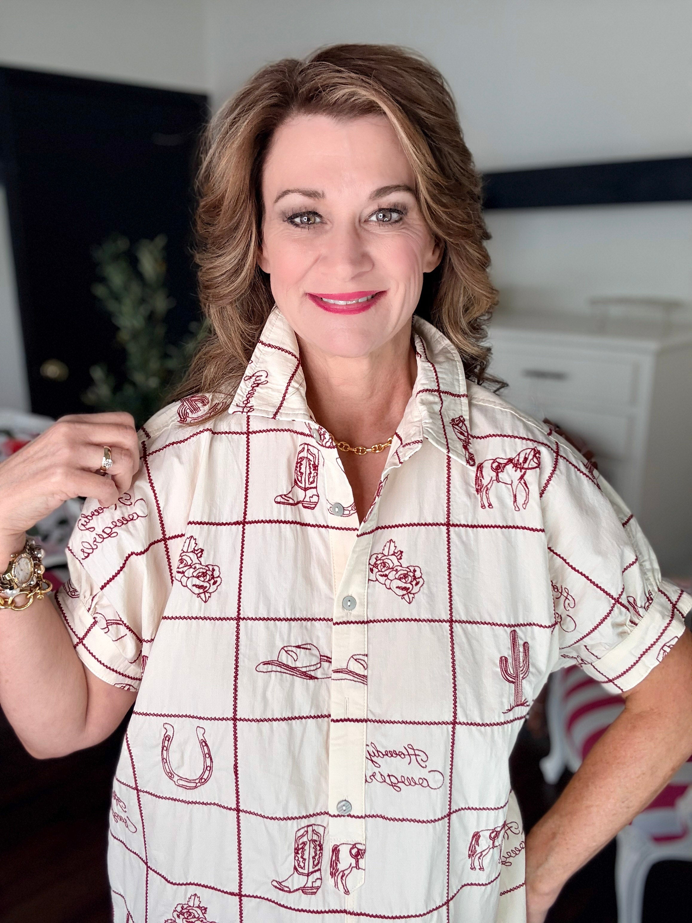 Prairie Dawn Mini Shirt Dress-Cherry Wood Cream