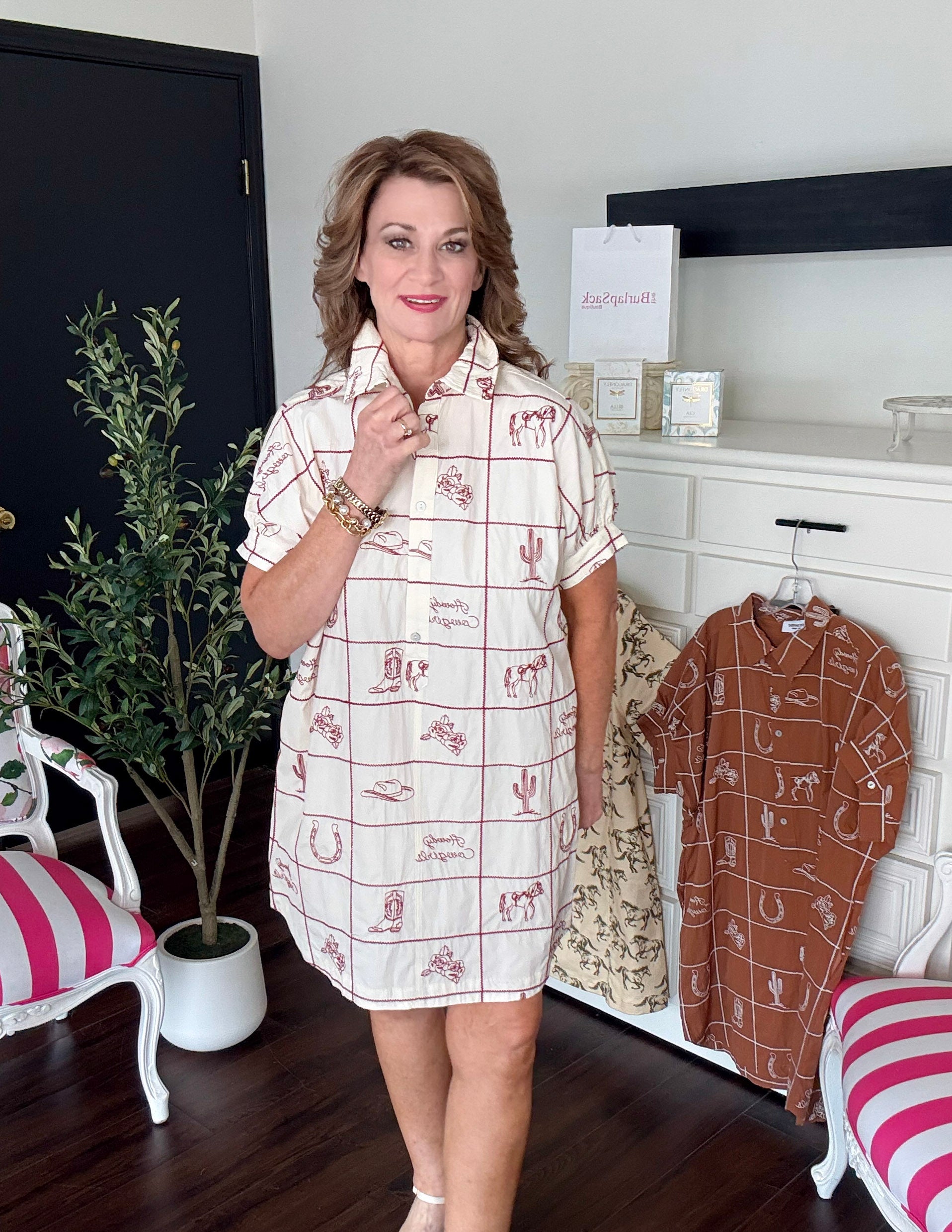 Prairie Dawn Mini Shirt Dress-Cherry Wood Cream