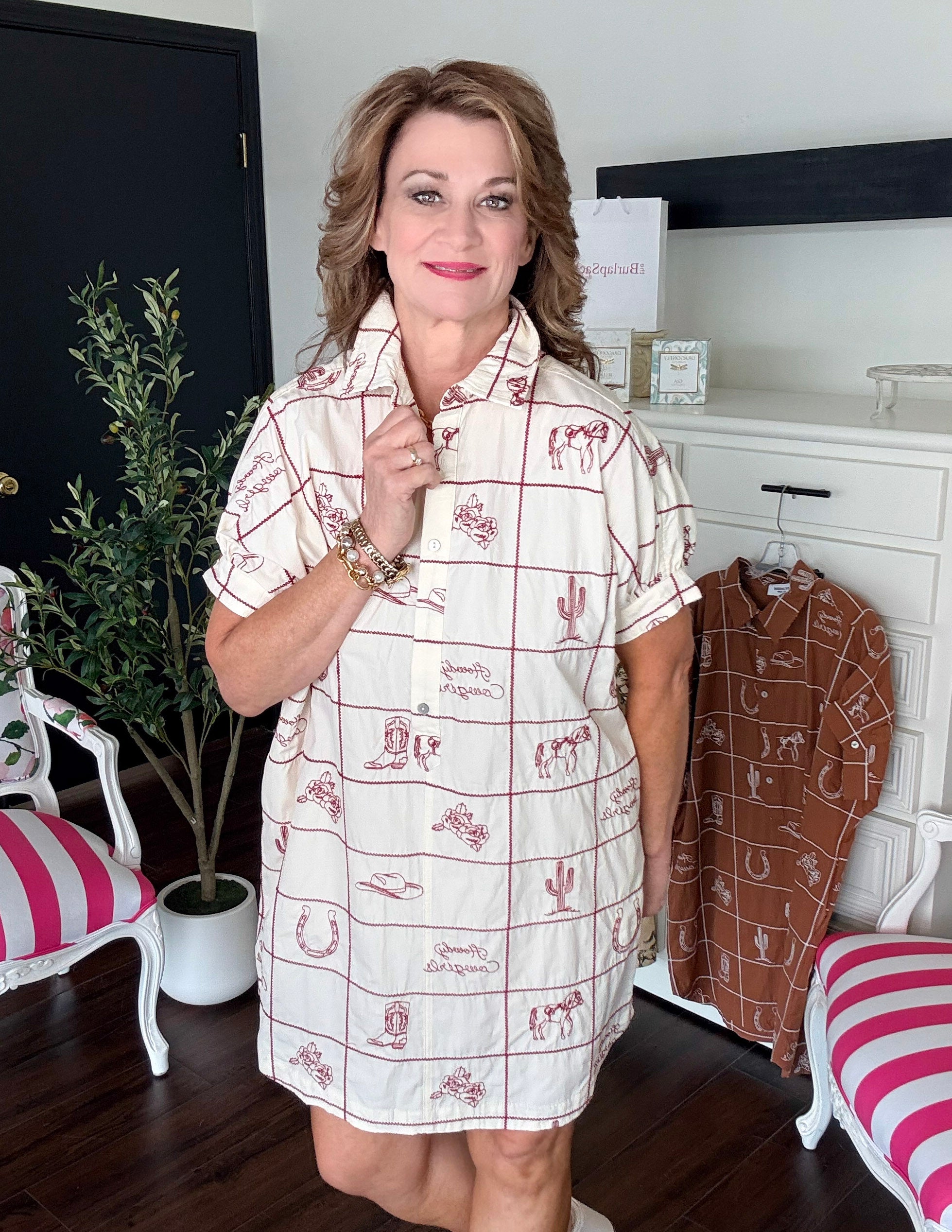 Prairie Dawn Mini Shirt Dress-Cherry Wood Cream