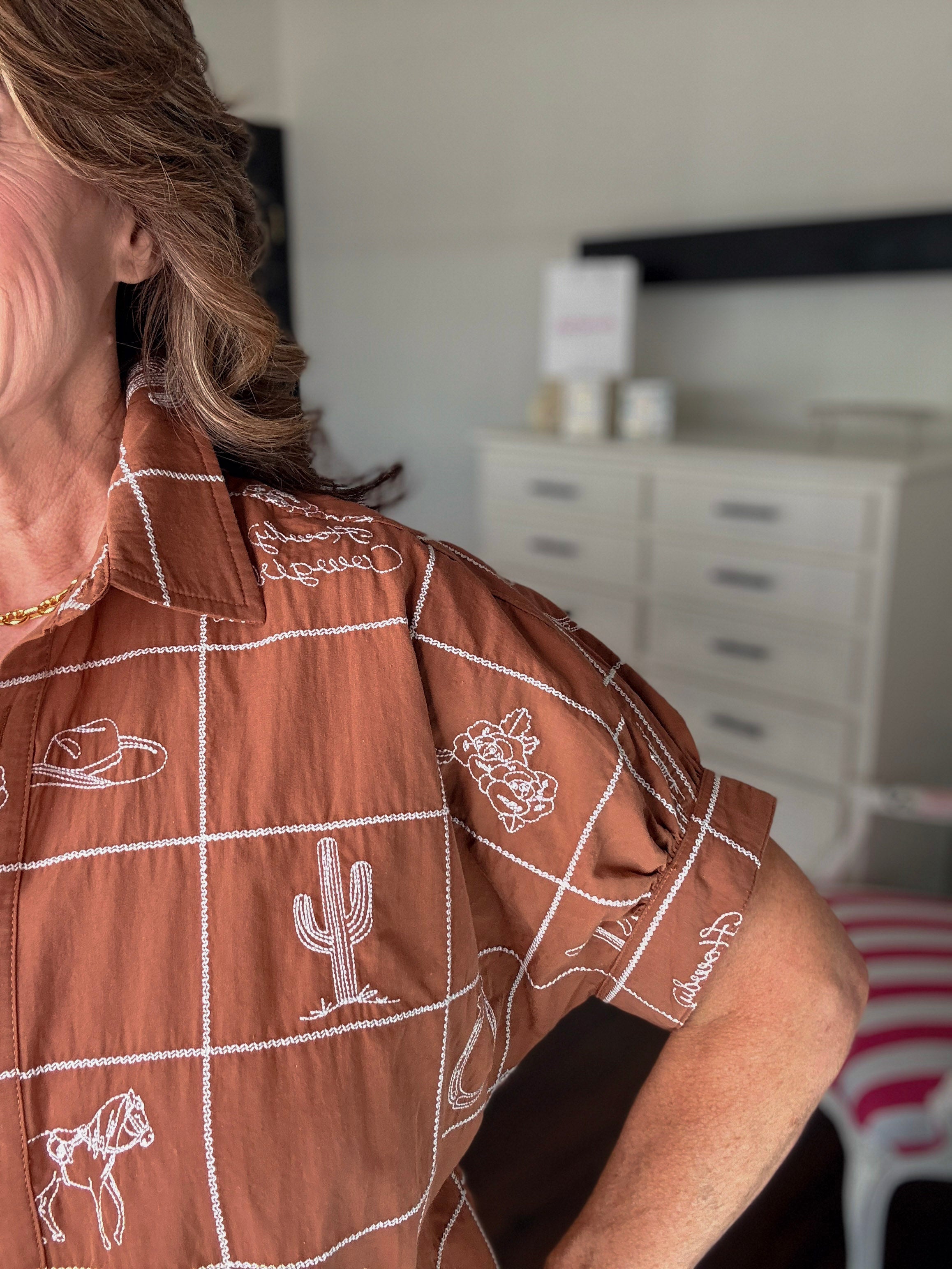 Prairie Rust Mini Shirt Dress-Brown Sugar