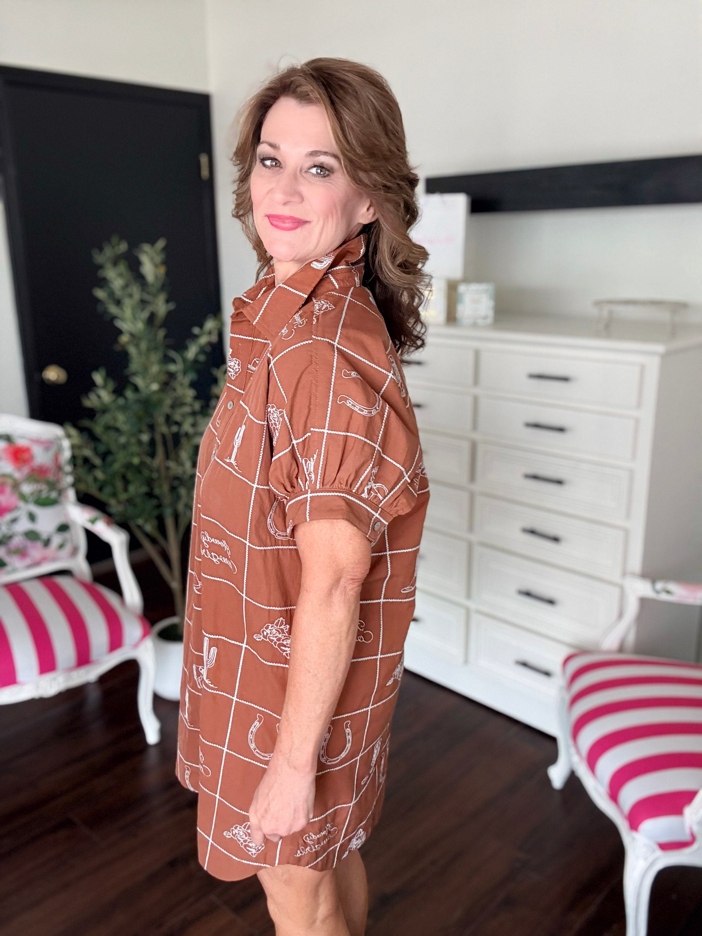 Prairie Rust Mini Shirt Dress-Brown Sugar