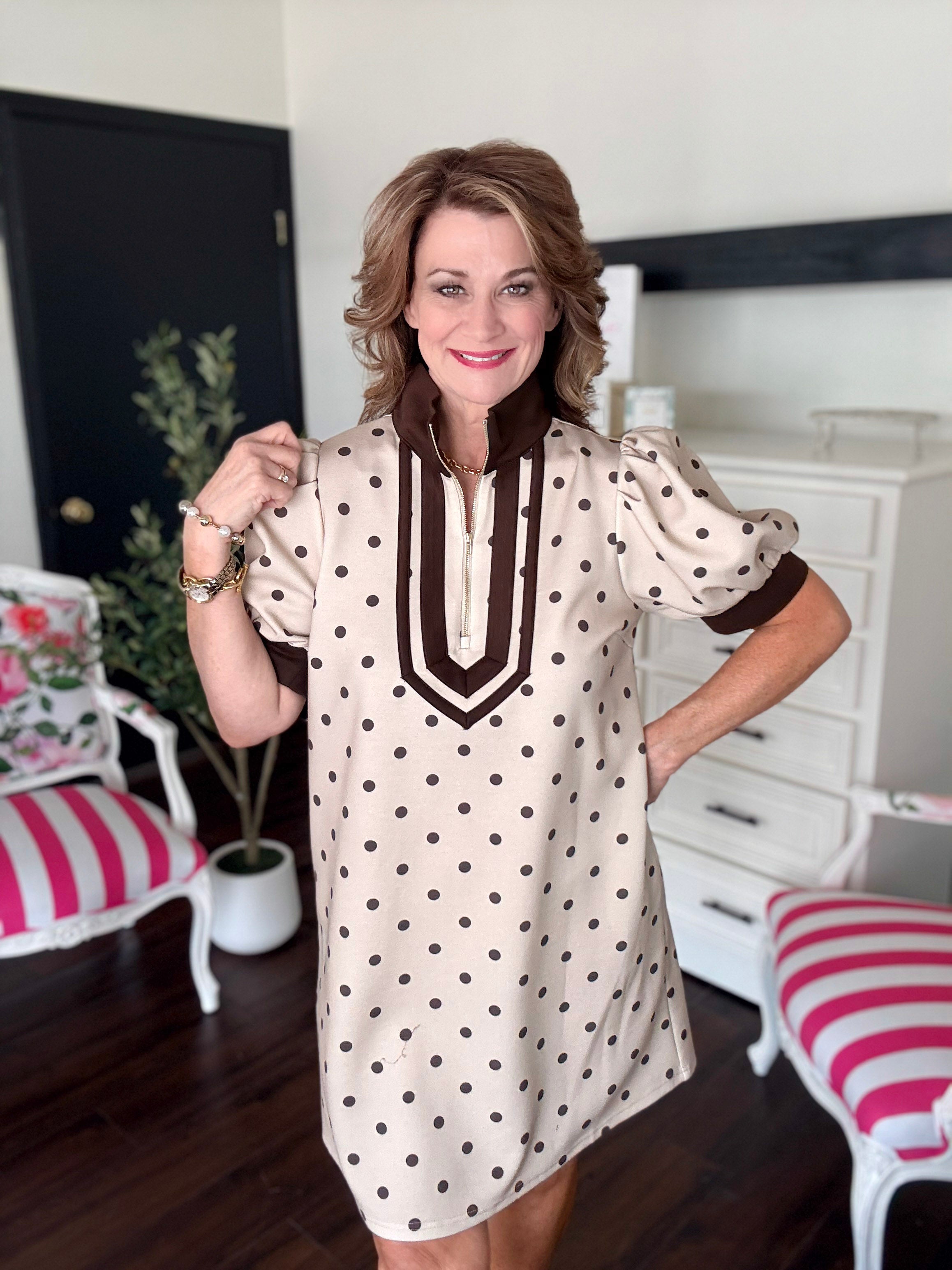Preppy Polka Dot Mini Dress-Lt Taupe