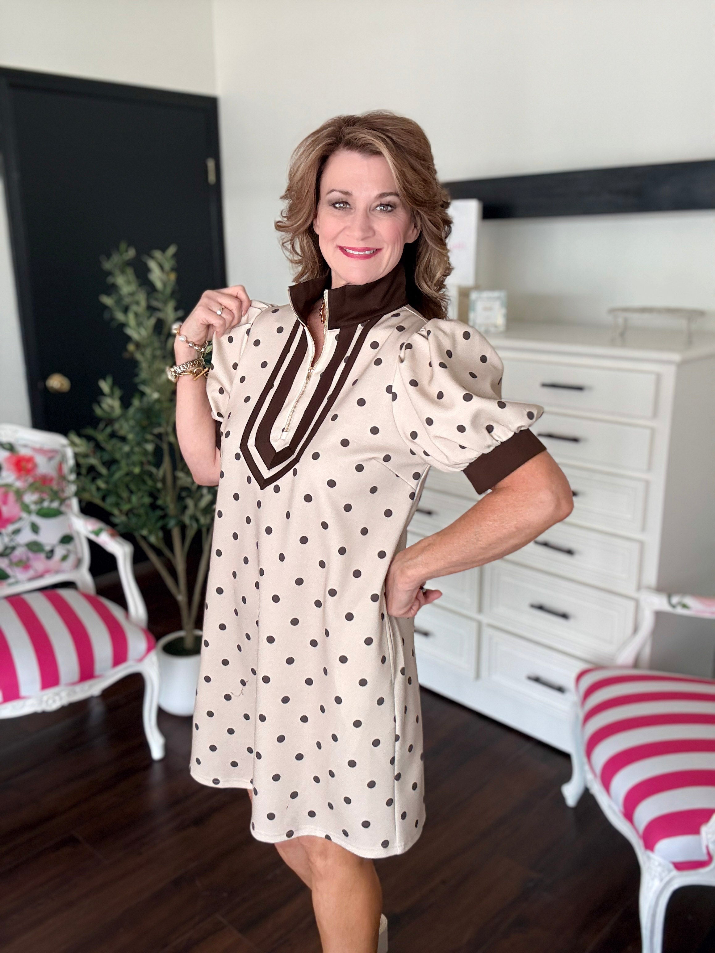 Preppy Polka Dot Mini Dress-Lt Taupe