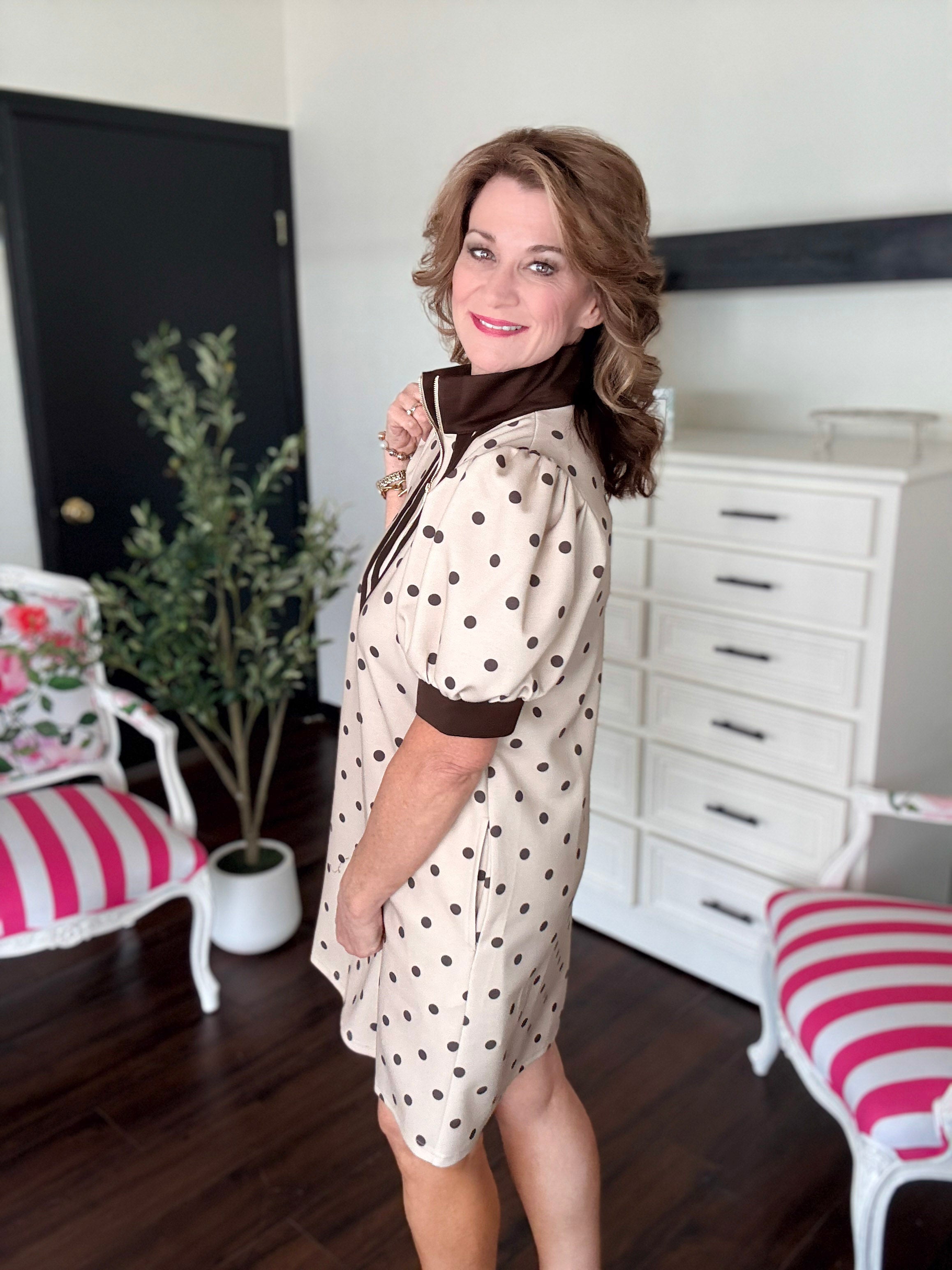 Preppy Polka Dot Mini Dress-Lt Taupe