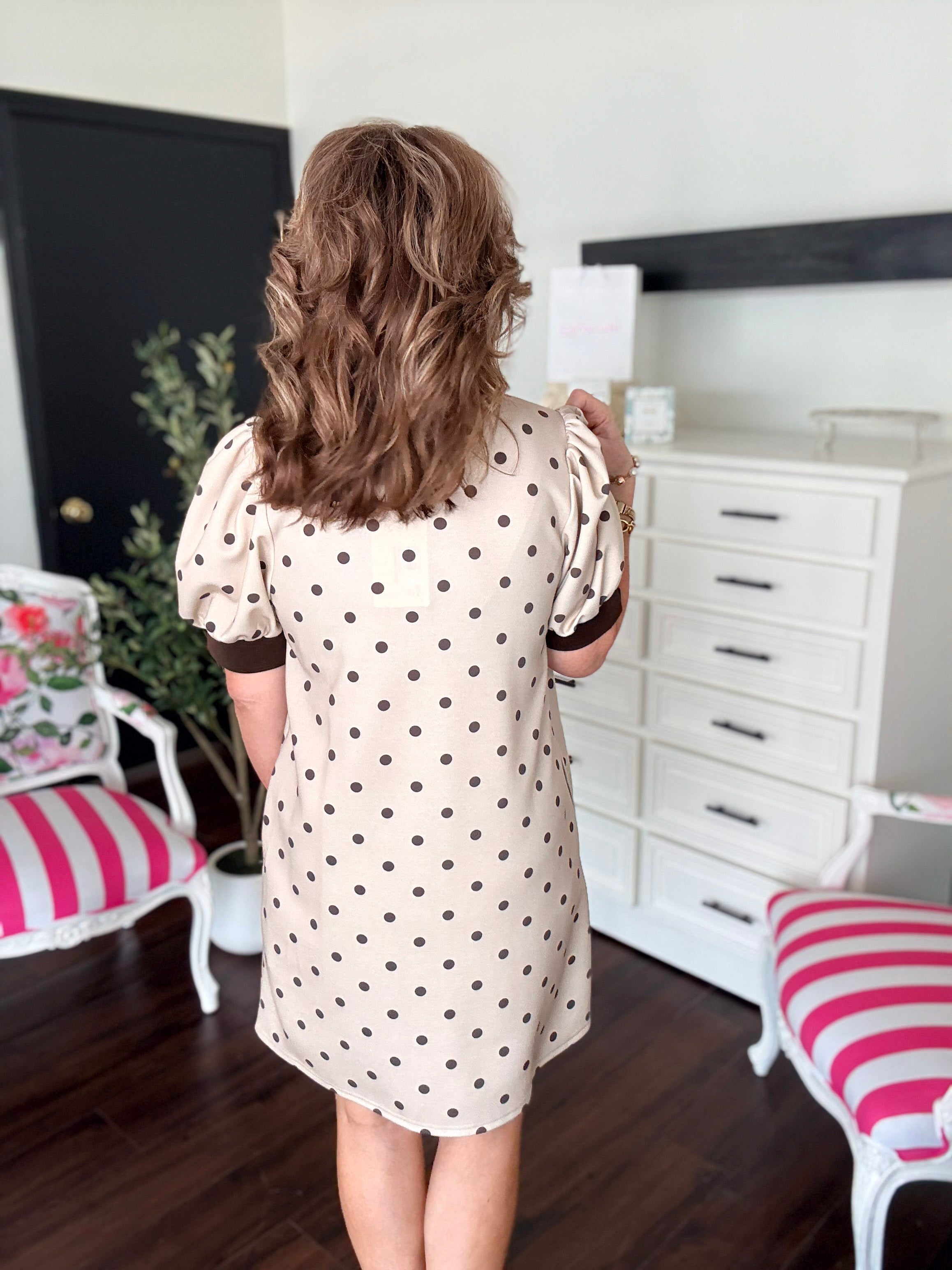 Preppy Polka Dot Mini Dress-Lt Taupe