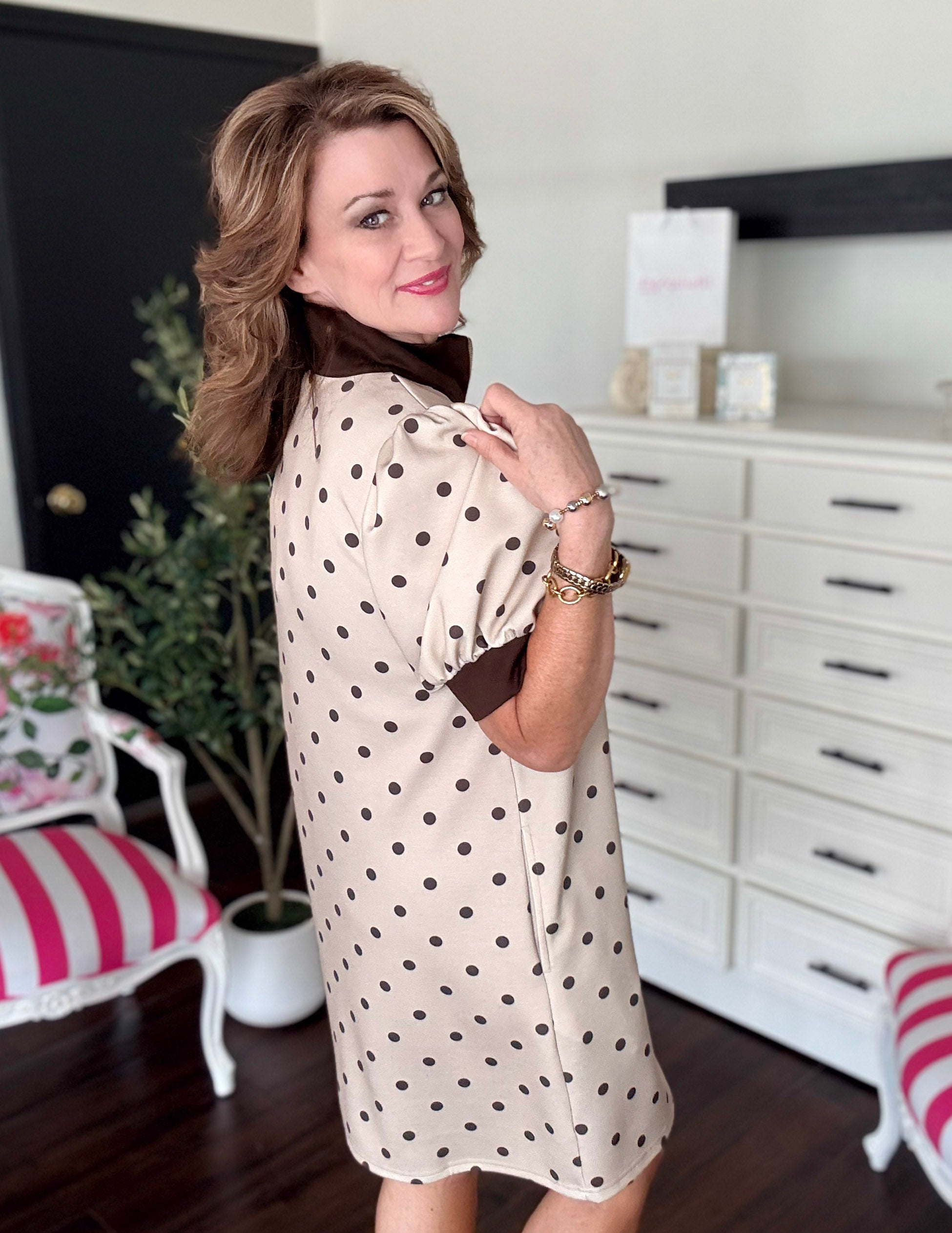 Preppy Polka Dot Mini Dress-Lt Taupe