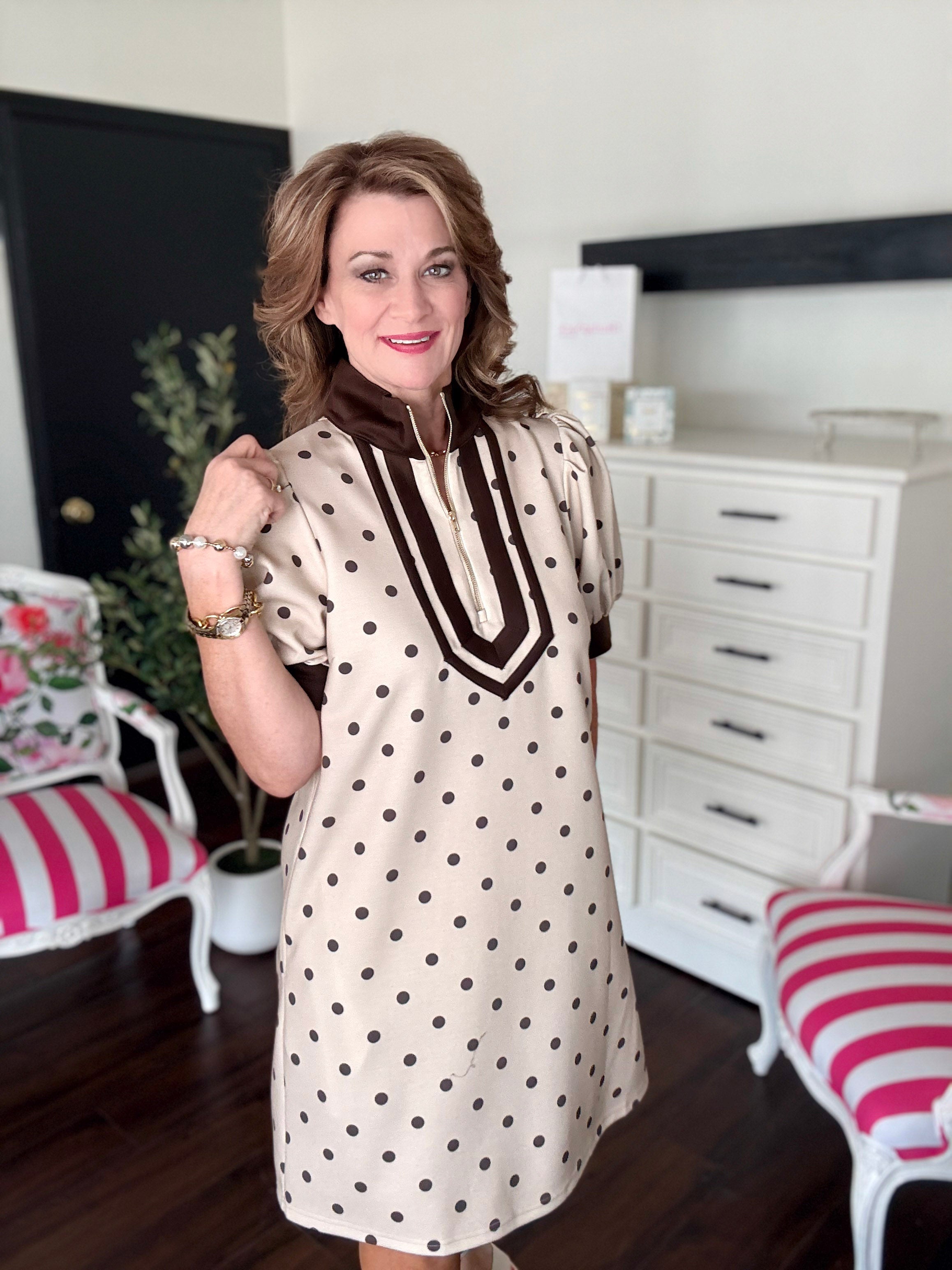 Preppy Polka Dot Mini Dress-Lt Taupe
