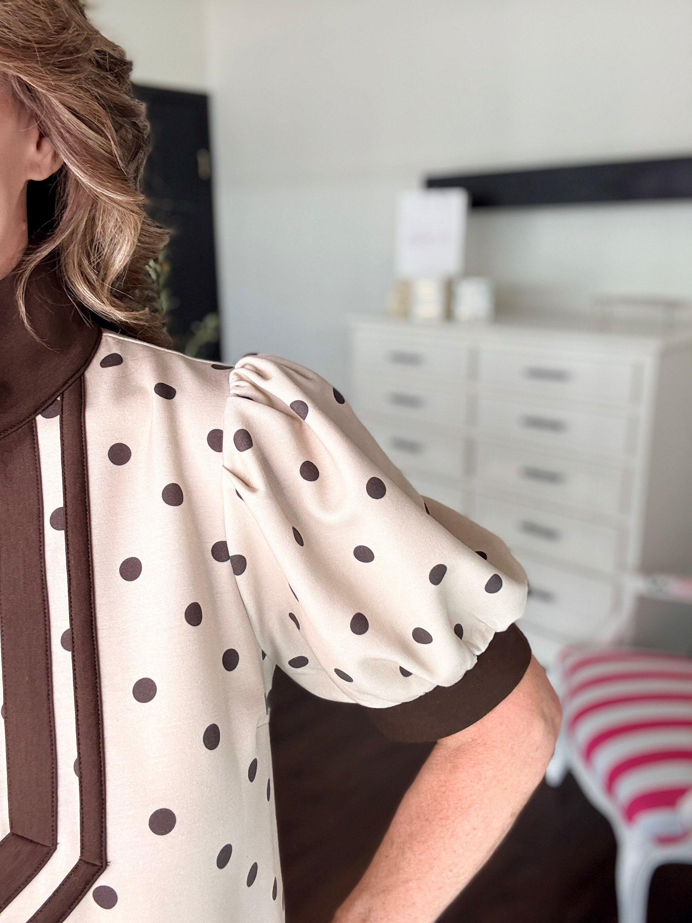 Preppy Polka Dot Mini Dress-Lt Taupe