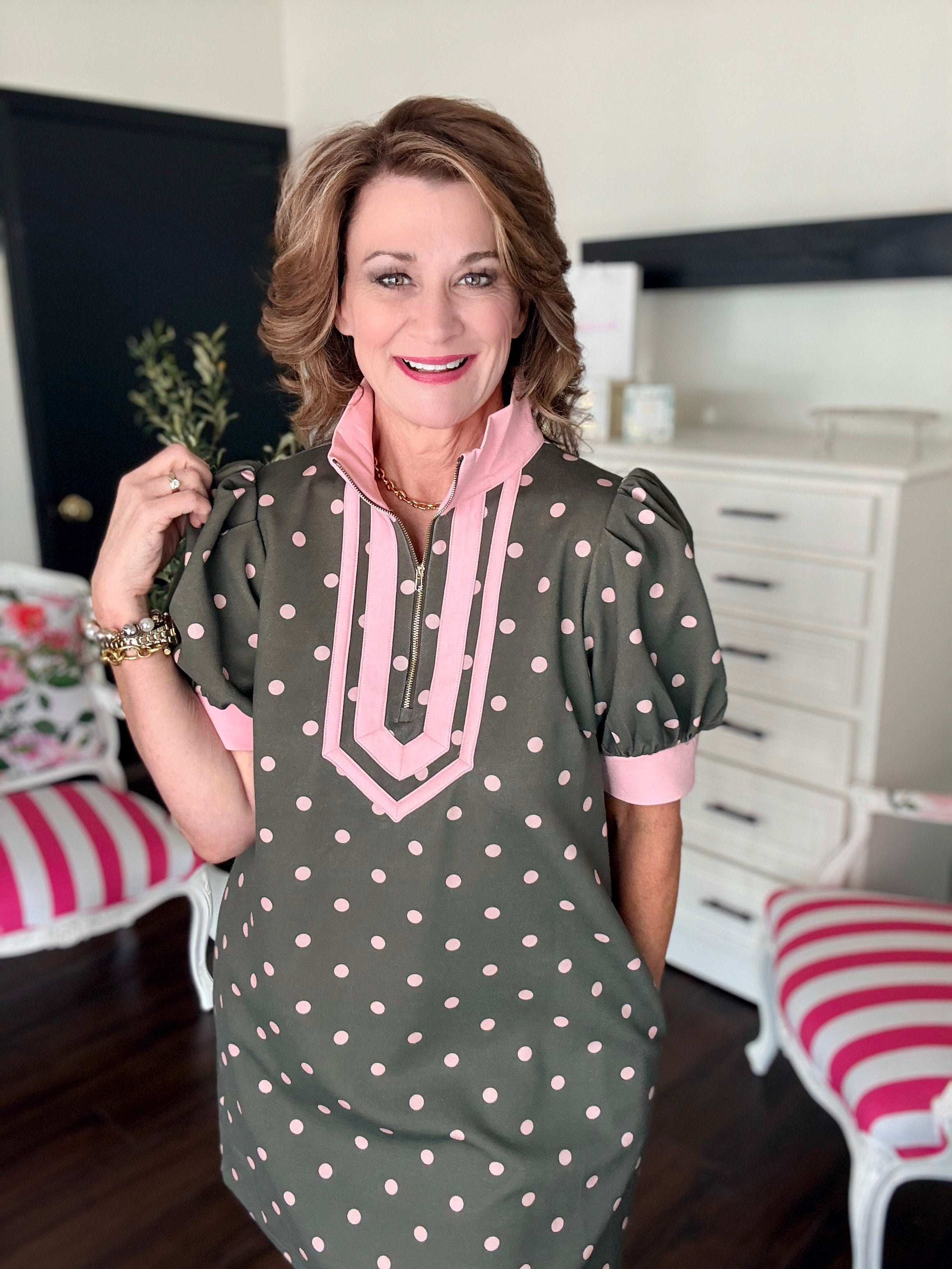 Preppy Polka Dot Mini Dress-Olive