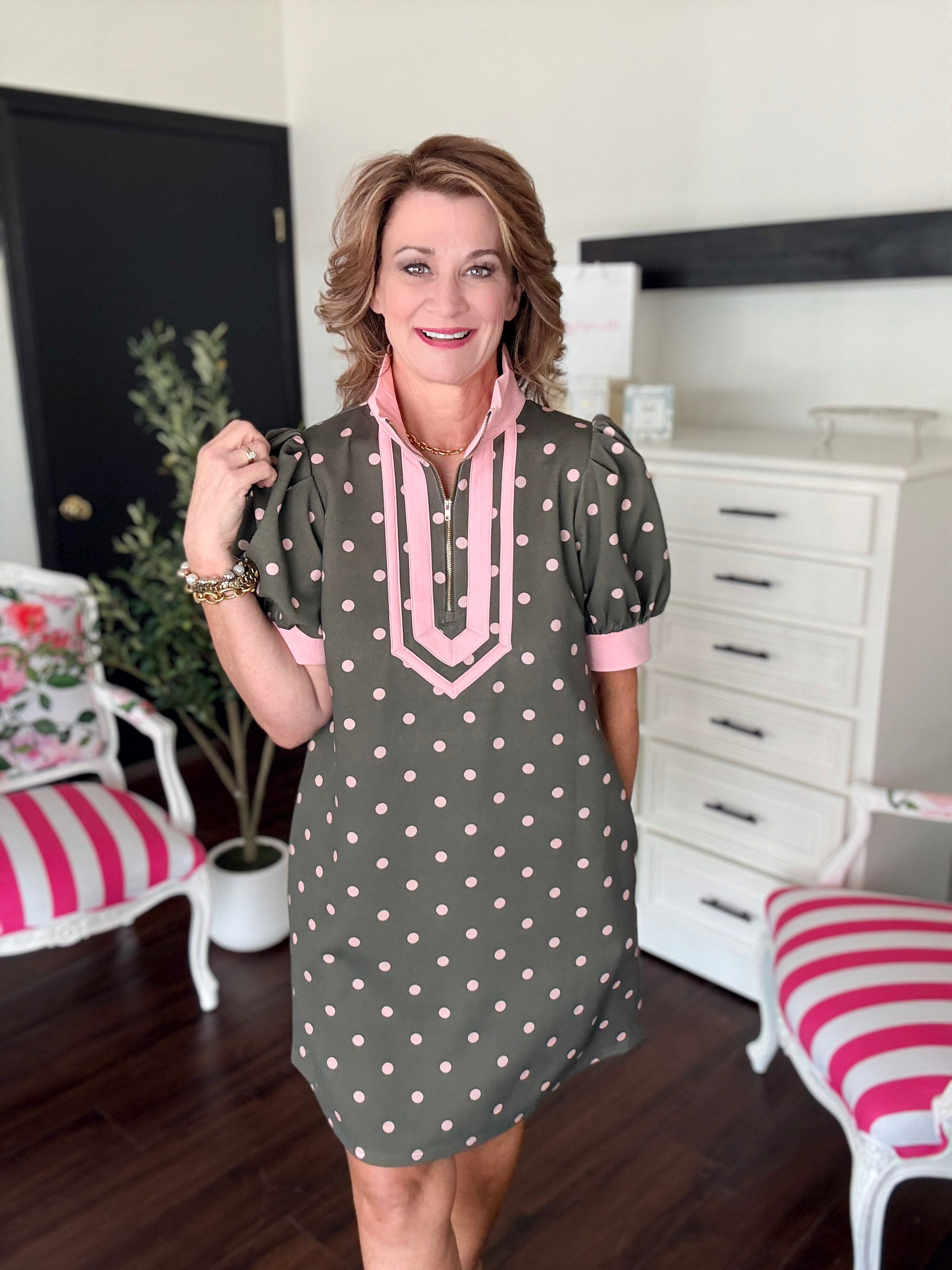 Preppy Polka Dot Mini Dress-Olive