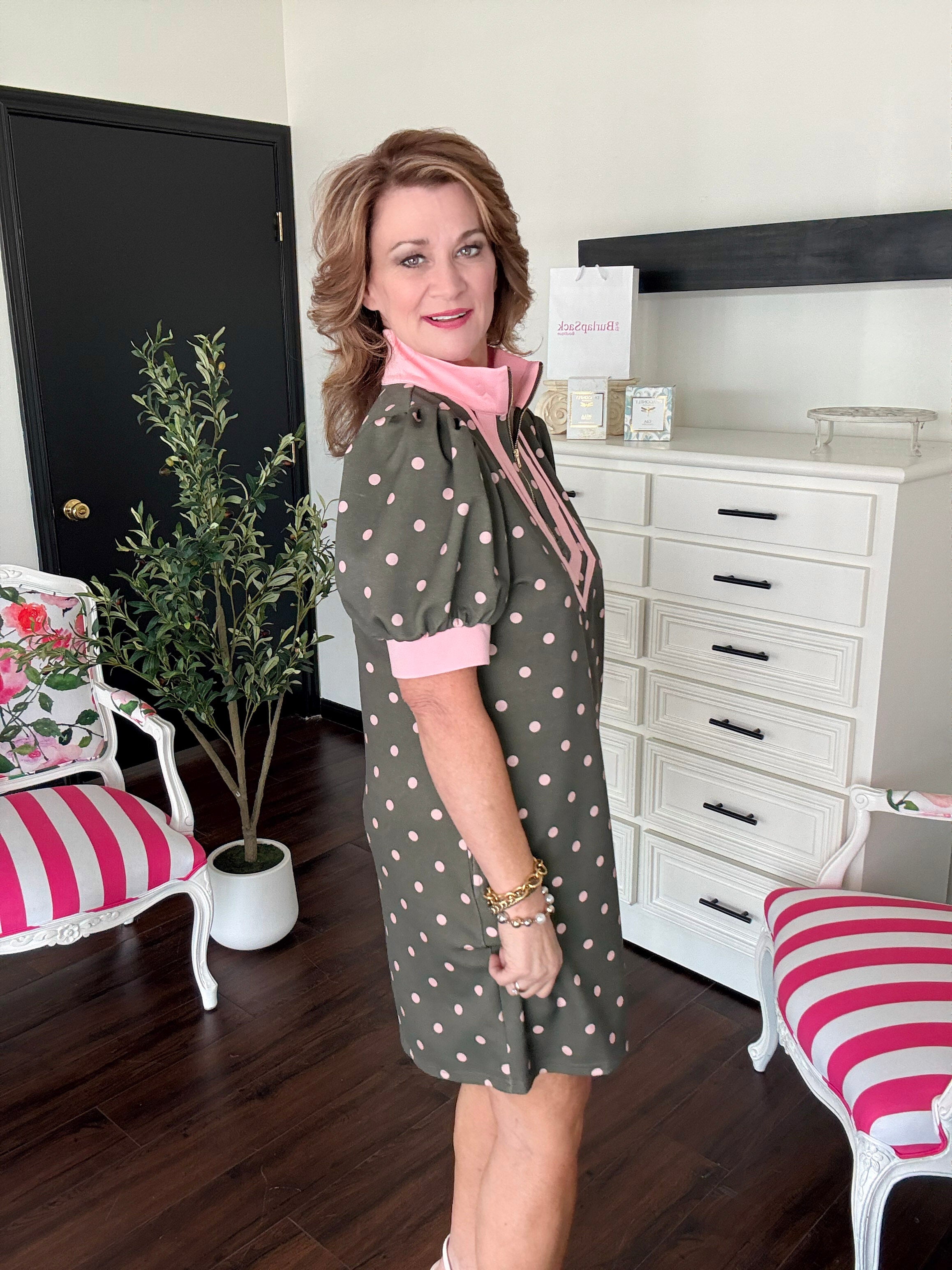 Preppy Polka Dot Mini Dress-Olive
