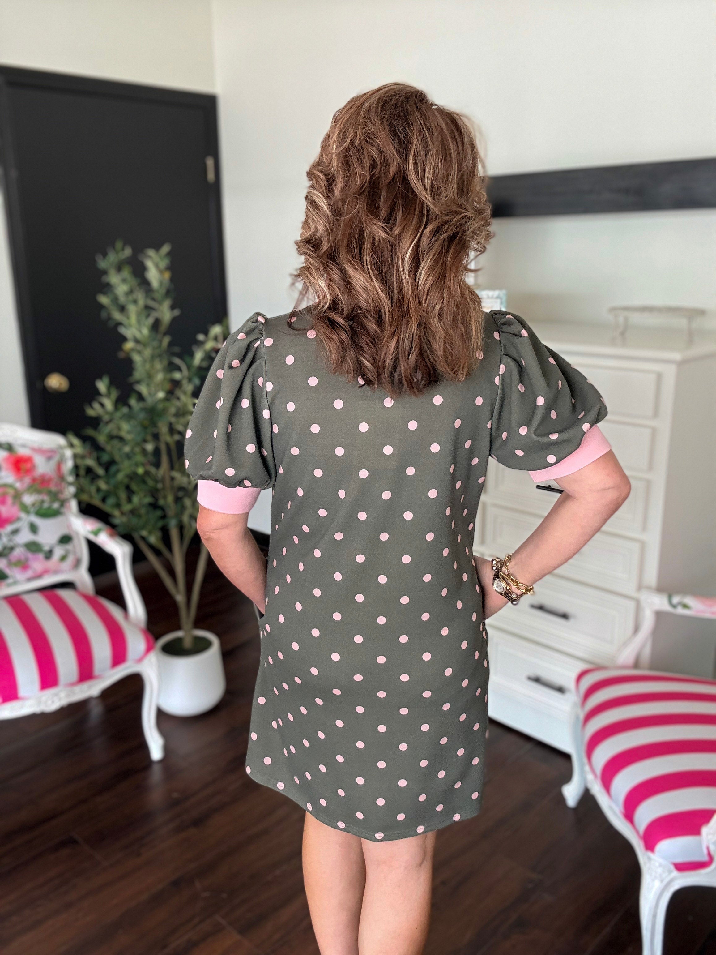 Preppy Polka Dot Mini Dress-Olive