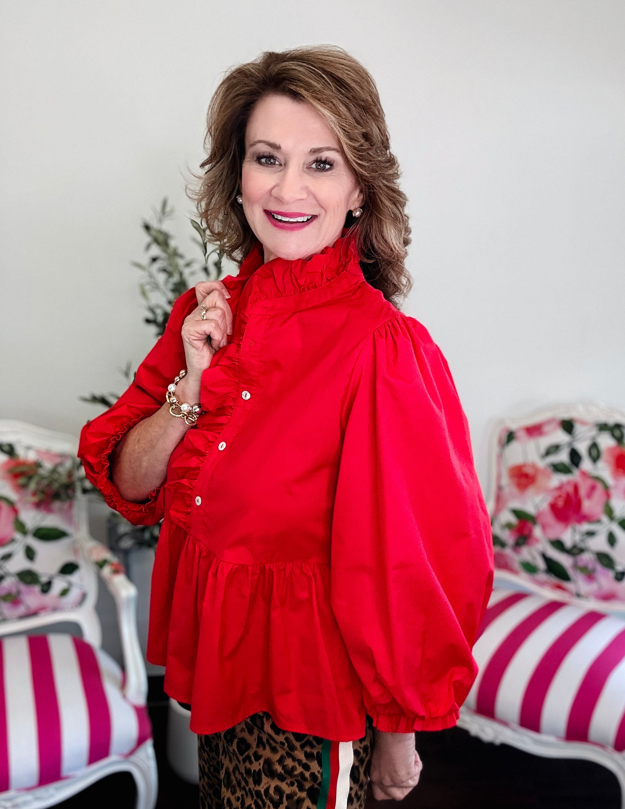 Ruffle Collar Peplum Top - Red
