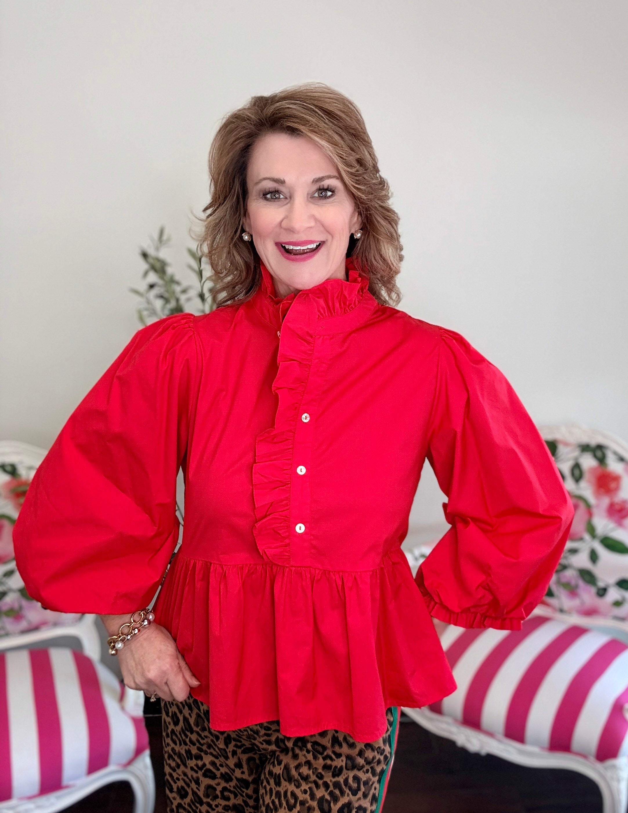 Ruffle Collar Peplum Top - Red