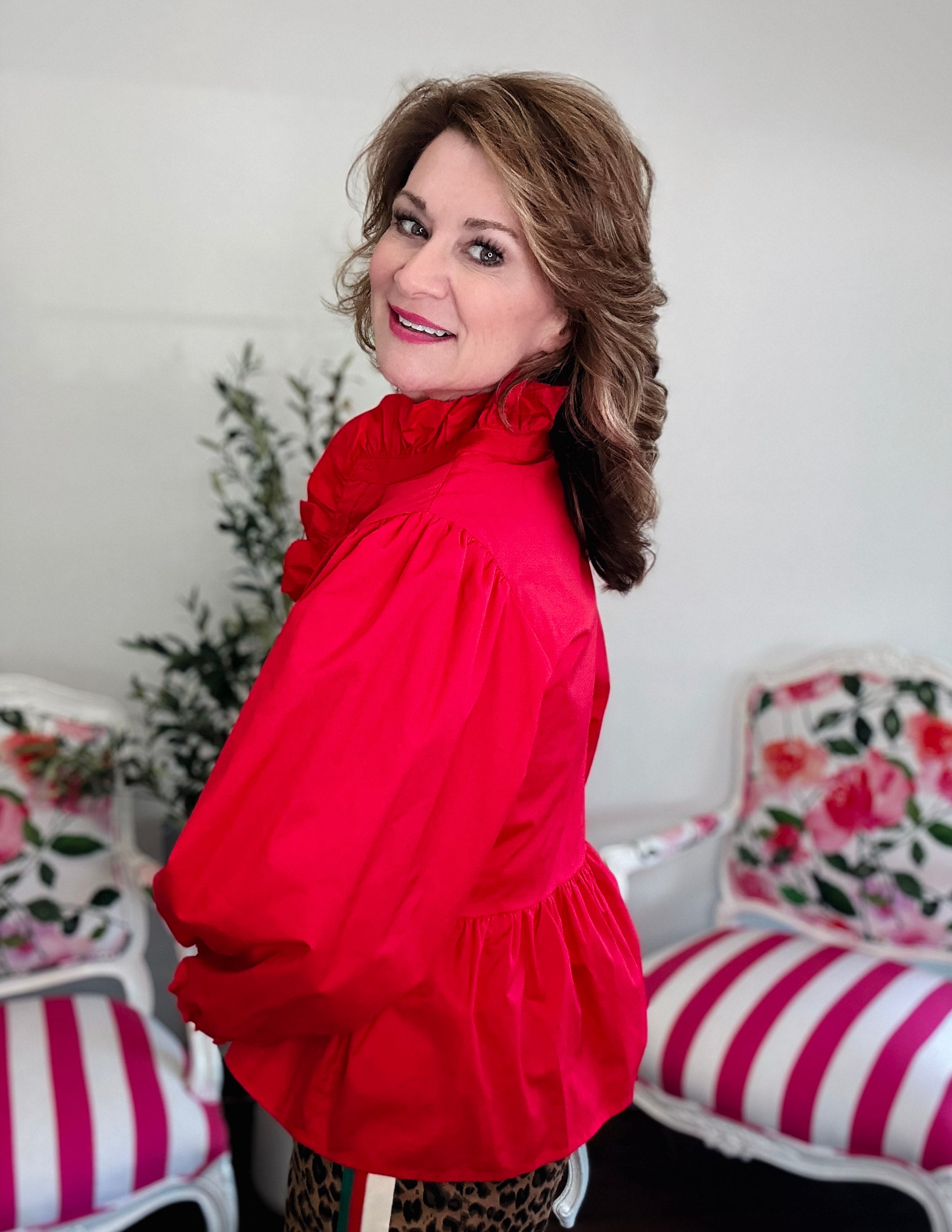 Ruffle Collar Peplum Top - Red