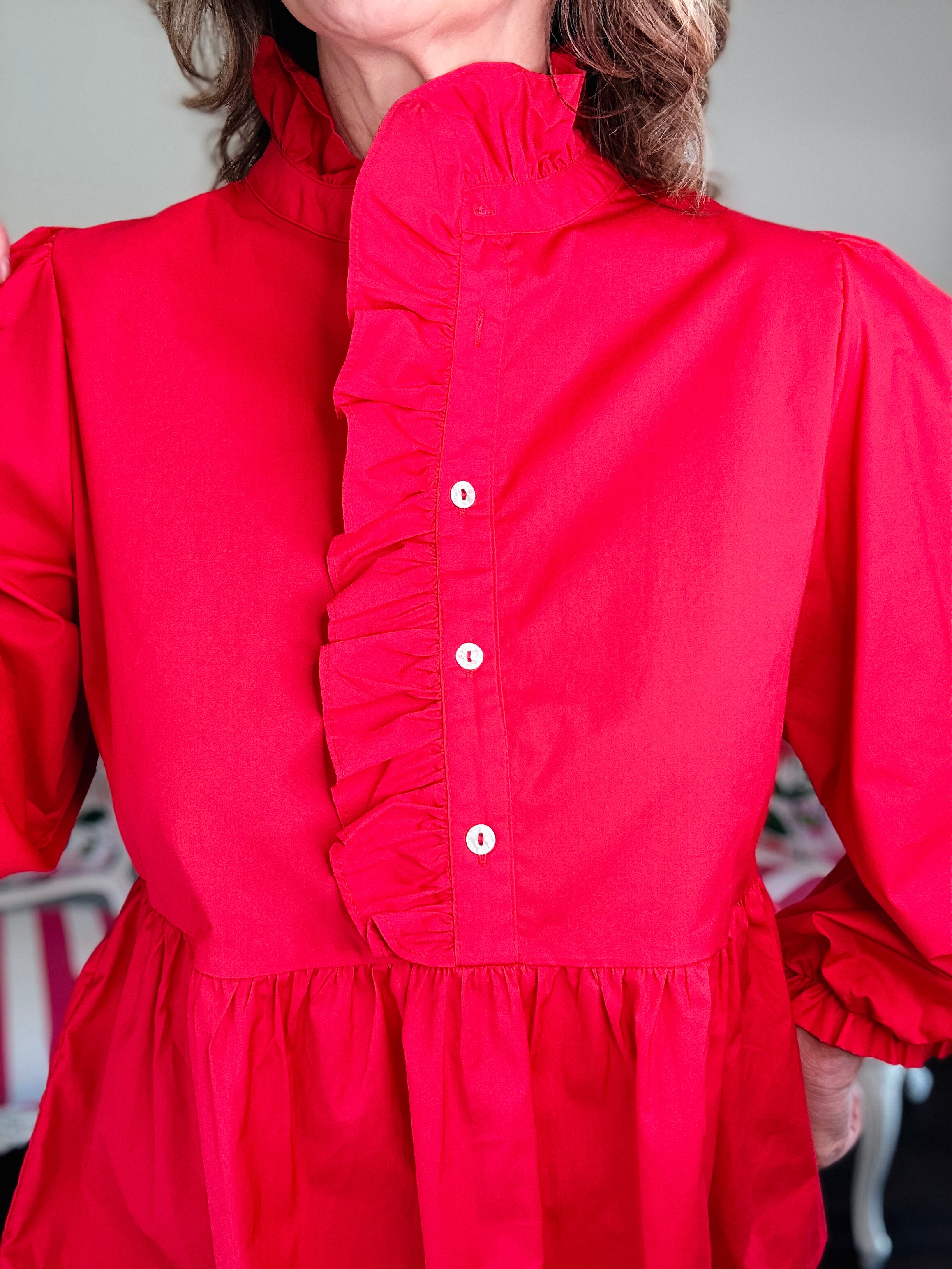 Ruffle Collar Peplum Top - Red