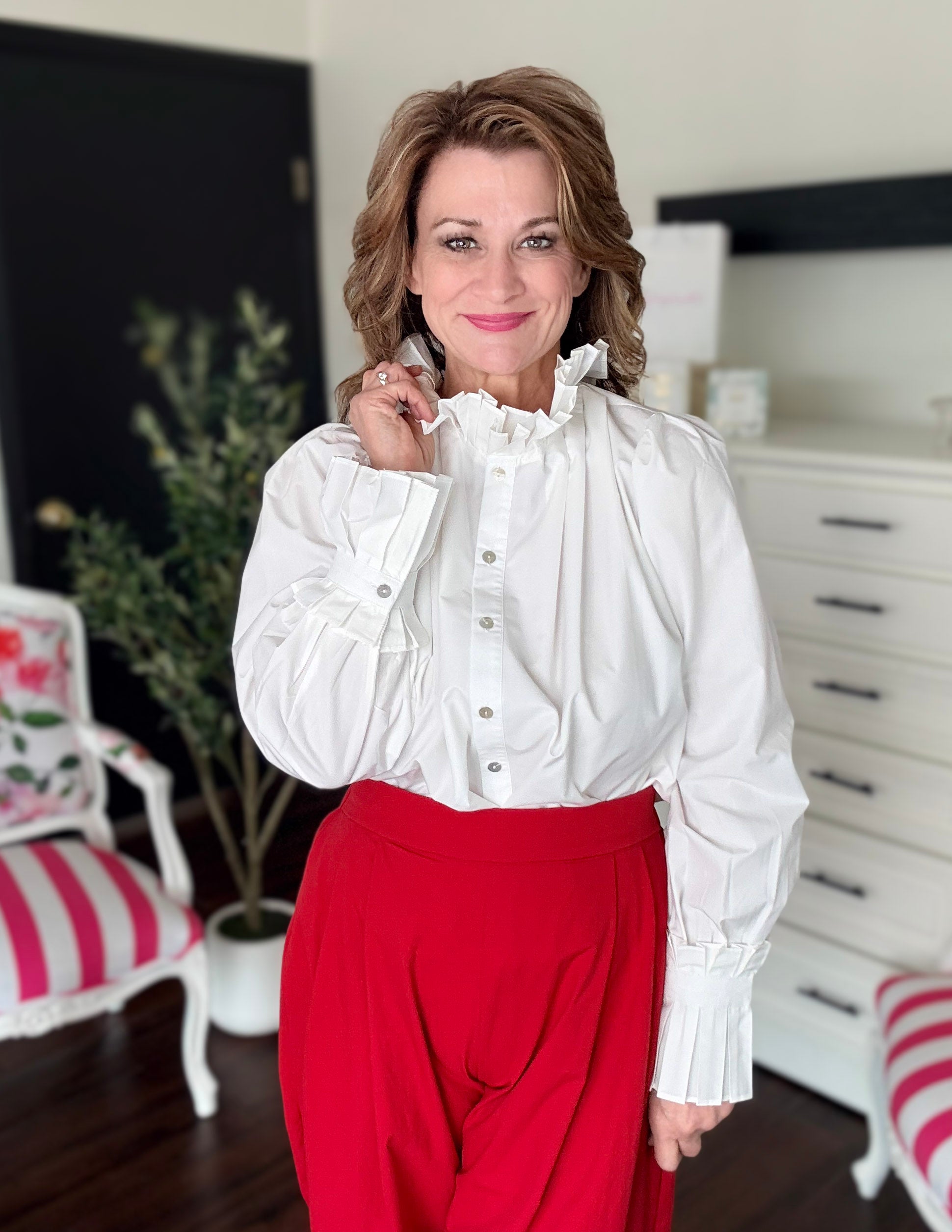 Ruffled Sleeve & Neck Button Down- Ivory