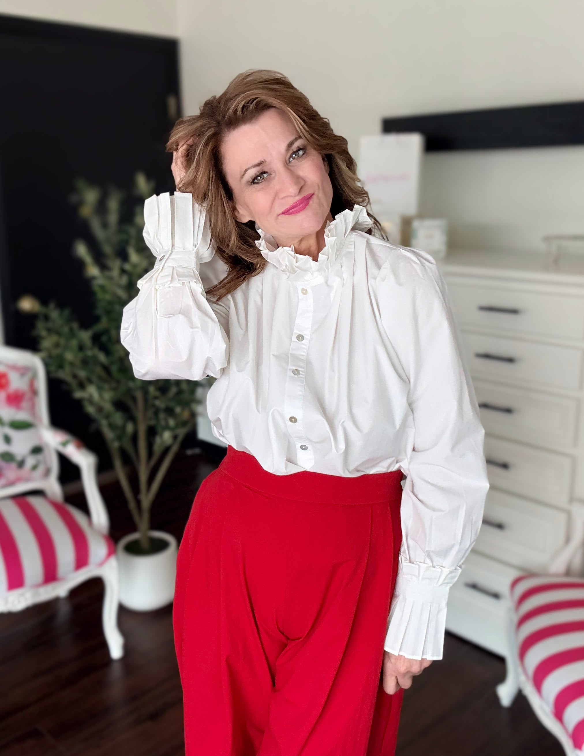 Ruffled Sleeve & Neck Button Down- Ivory