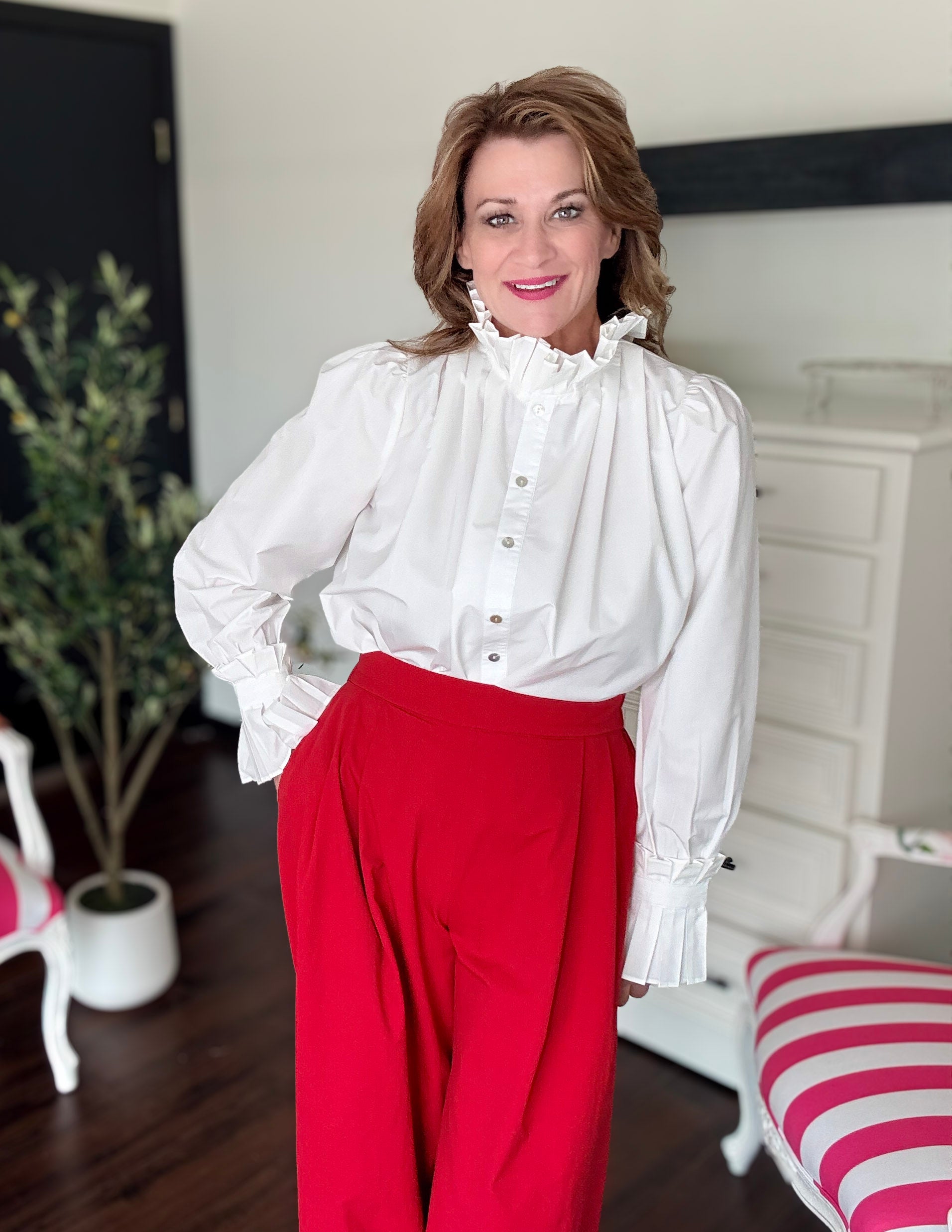 Ruffled Sleeve & Neck Button Down- Ivory