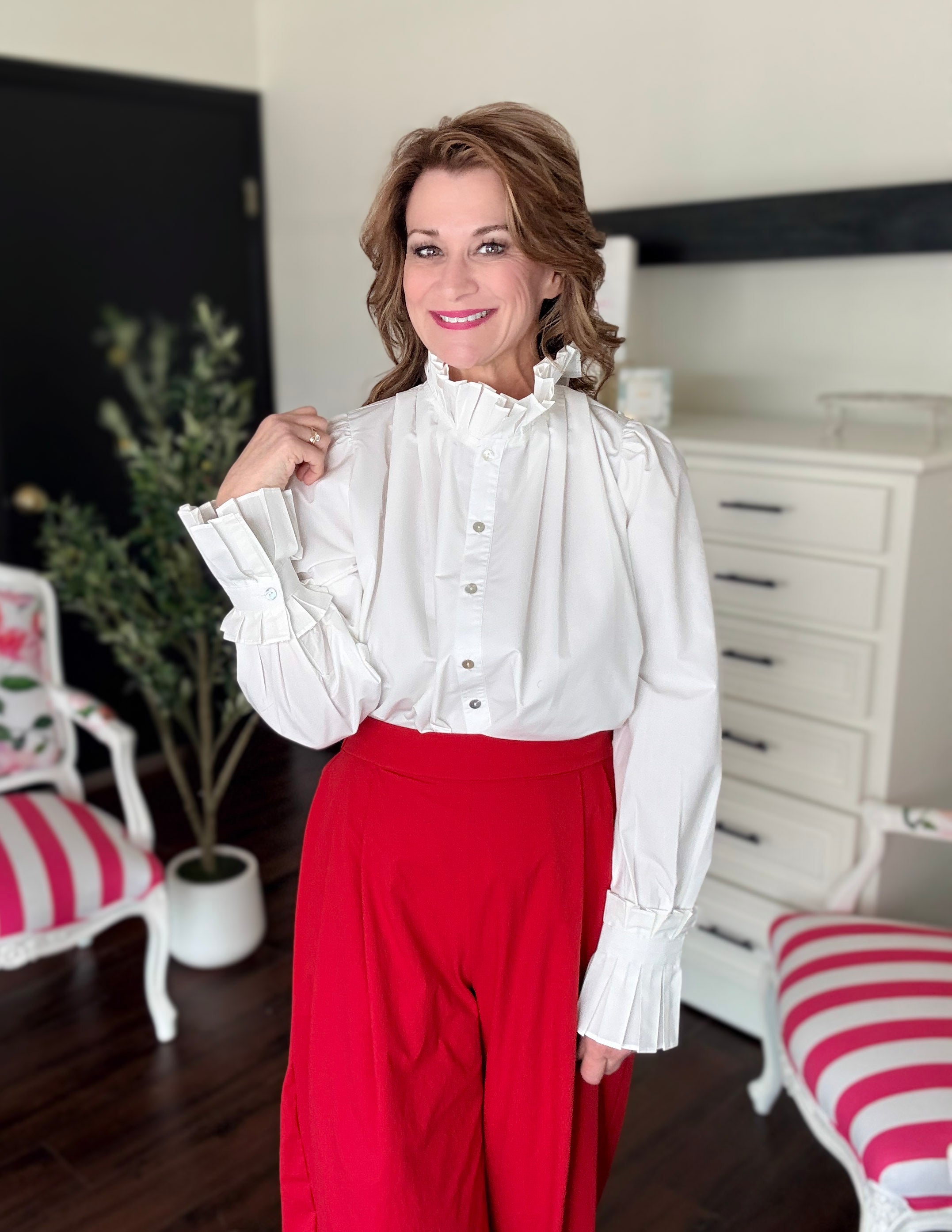 Ruffled Sleeve & Neck Button Down- Ivory