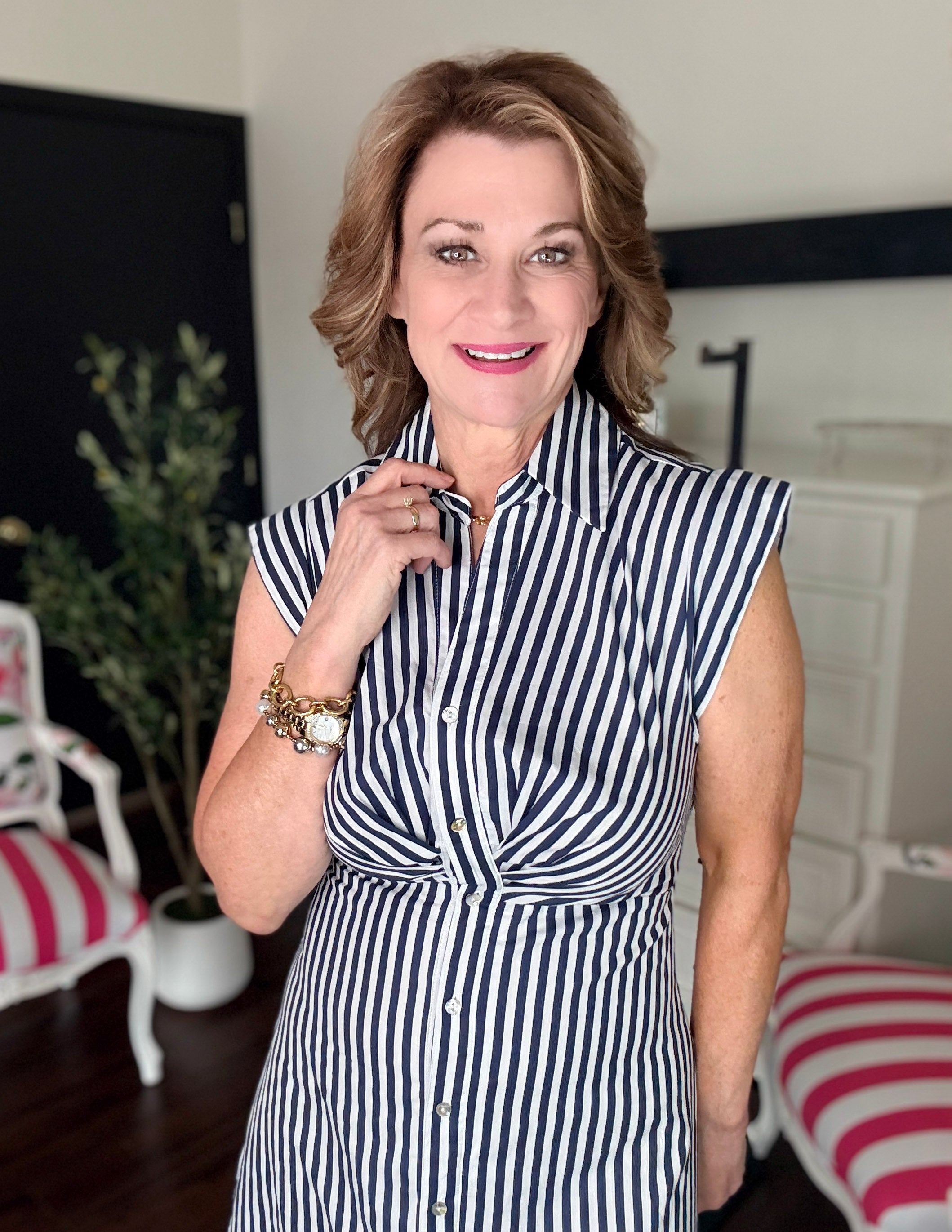 Striped Button Down Midi Dress-Navy/White