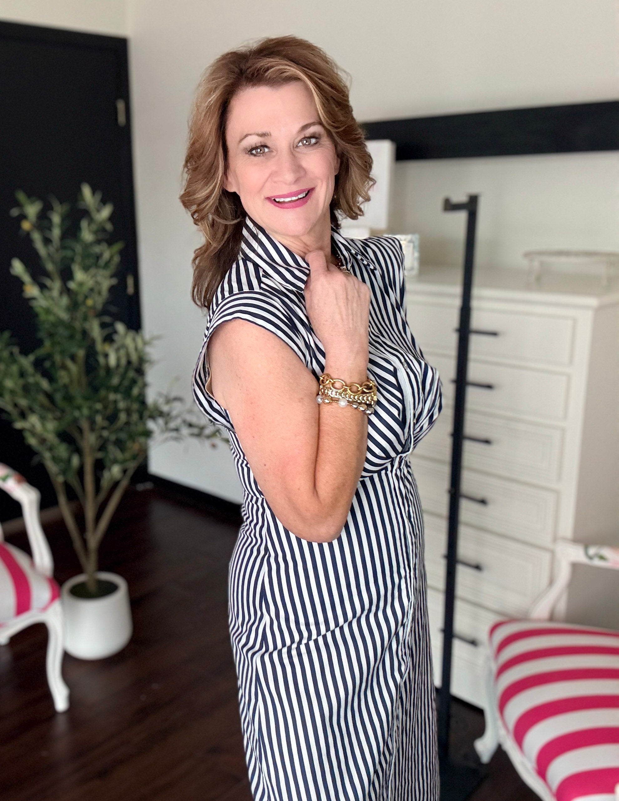 Striped Button Down Midi Dress-Navy/White
