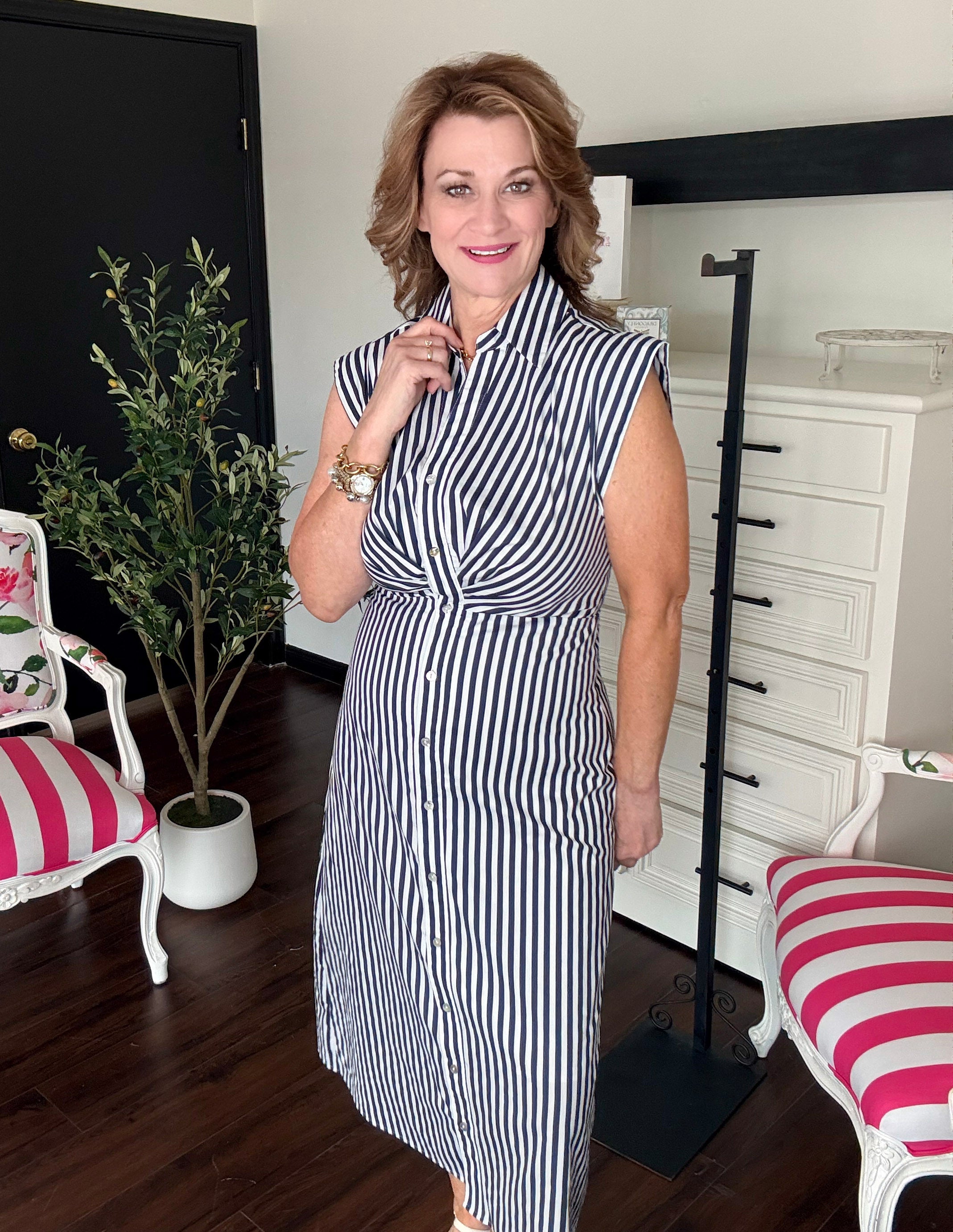 Striped Button Down Midi Dress-Navy/White