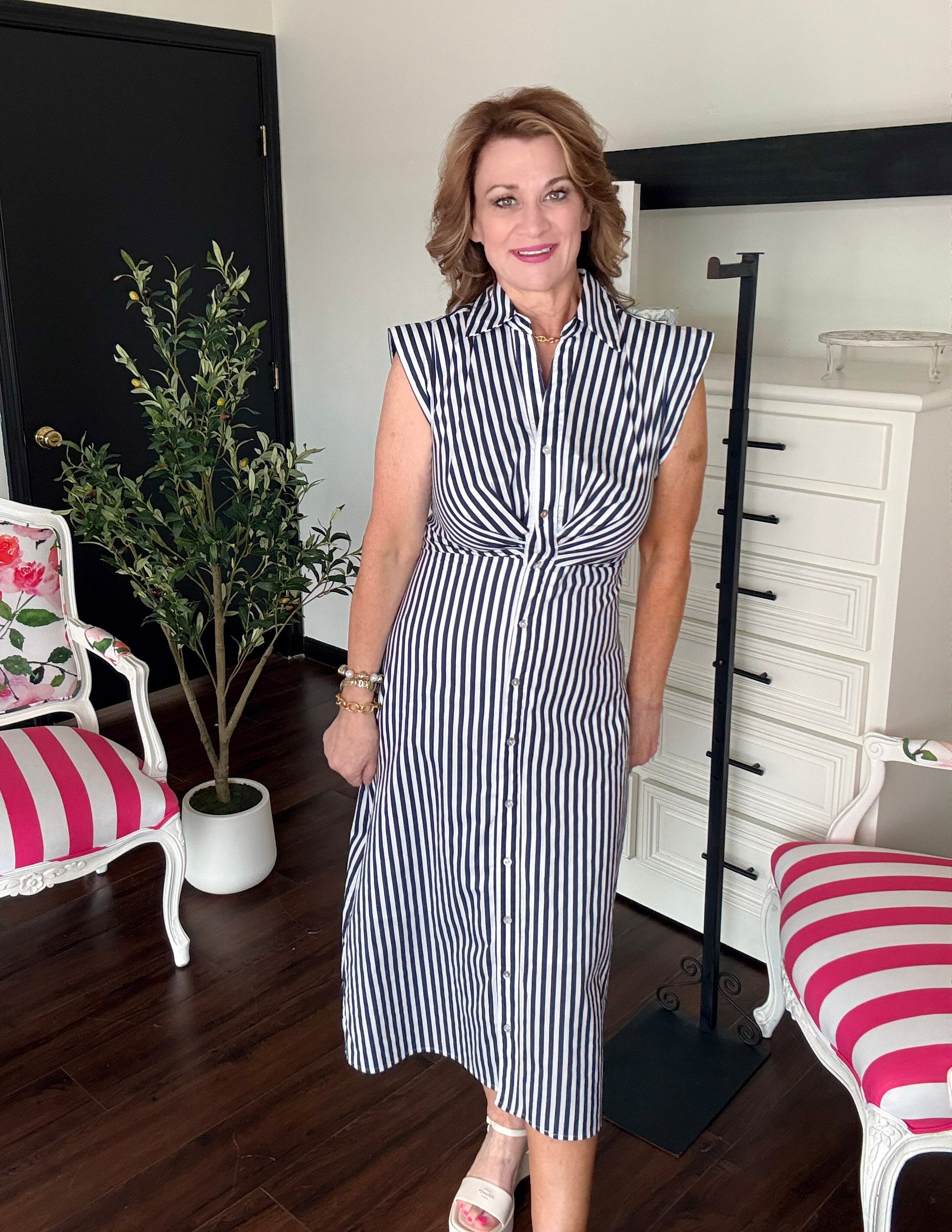 Striped Button Down Midi Dress-Navy/White