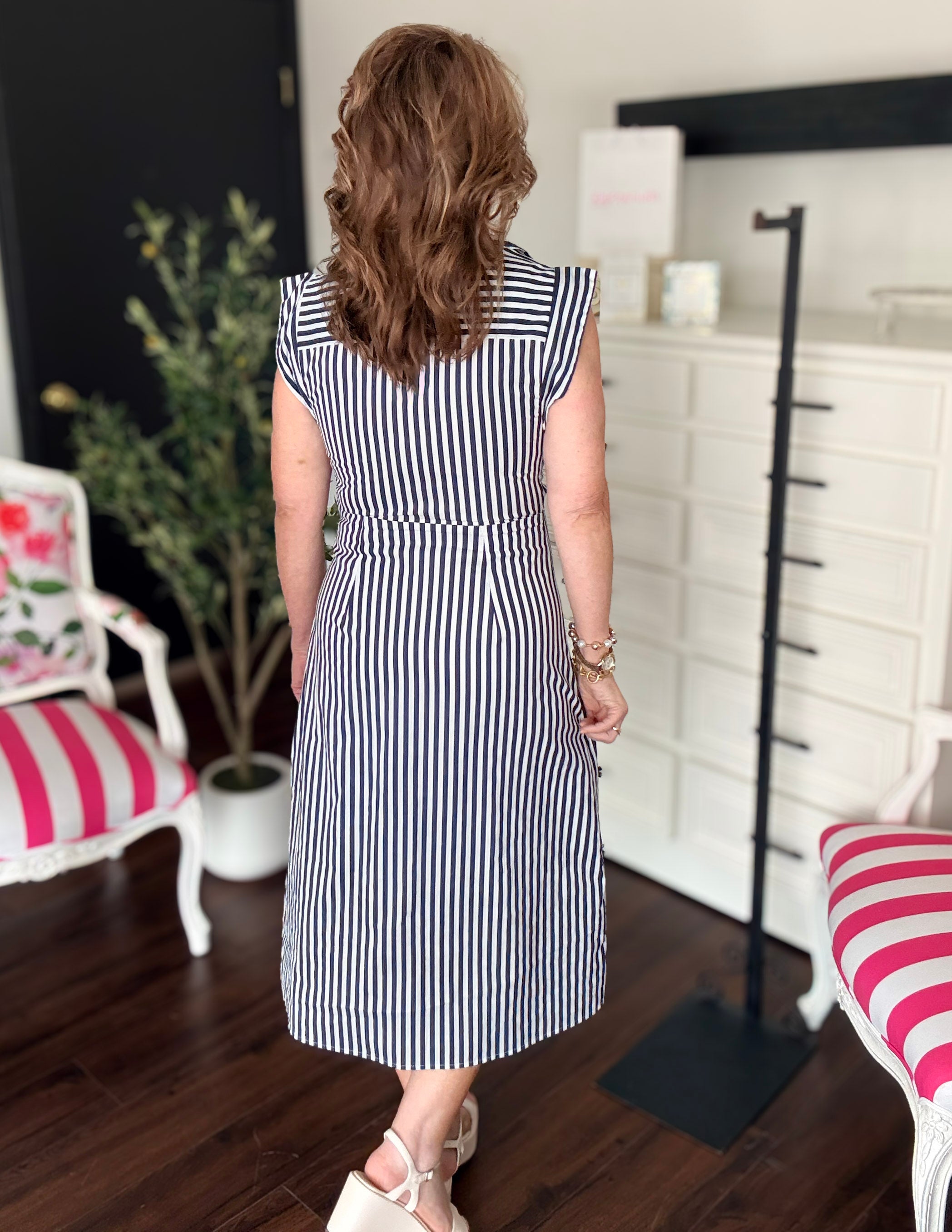 Striped Button Down Midi Dress-Navy/White