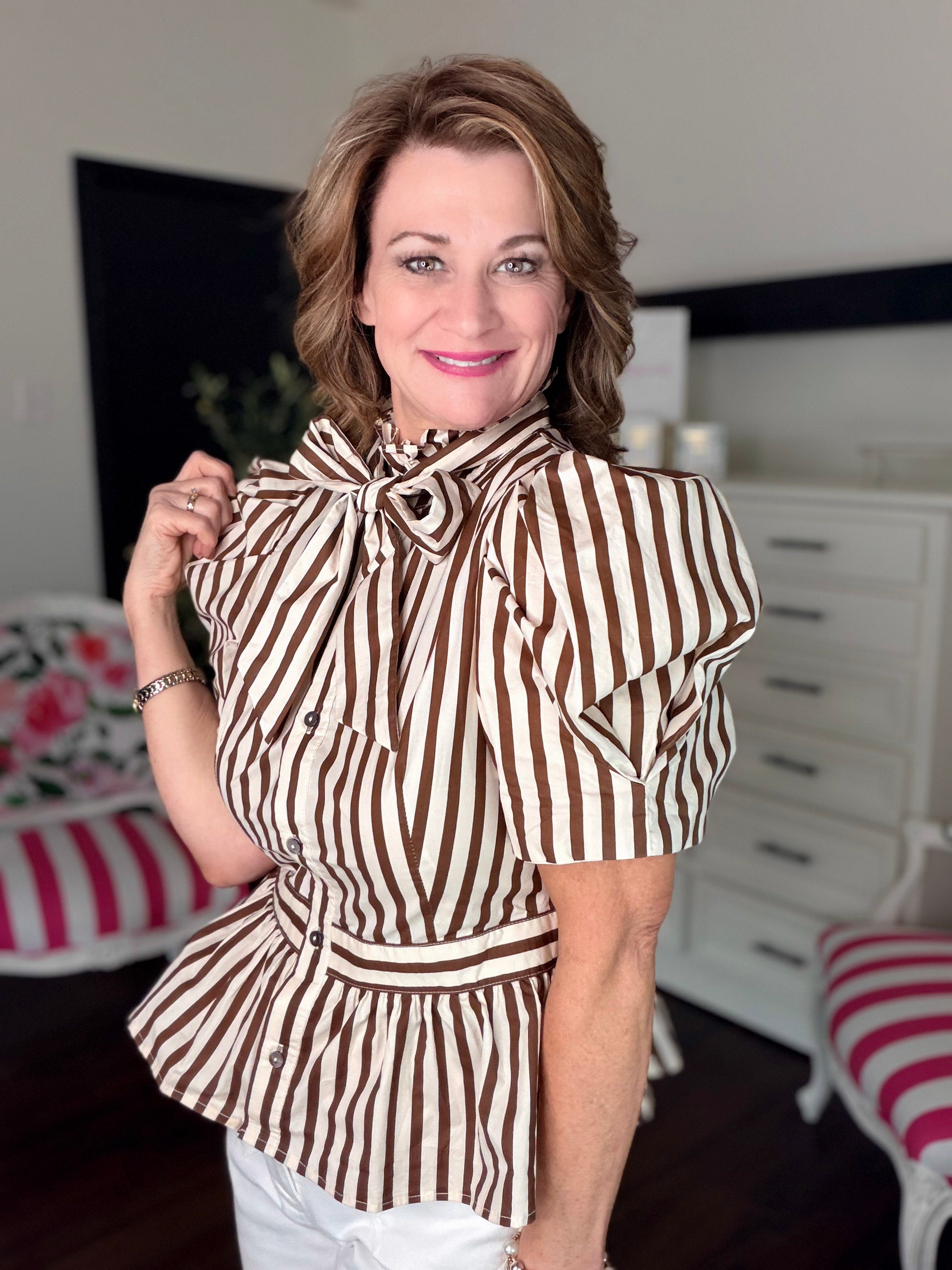 Striped Short Puff Sleeve Top-Ecru Brown