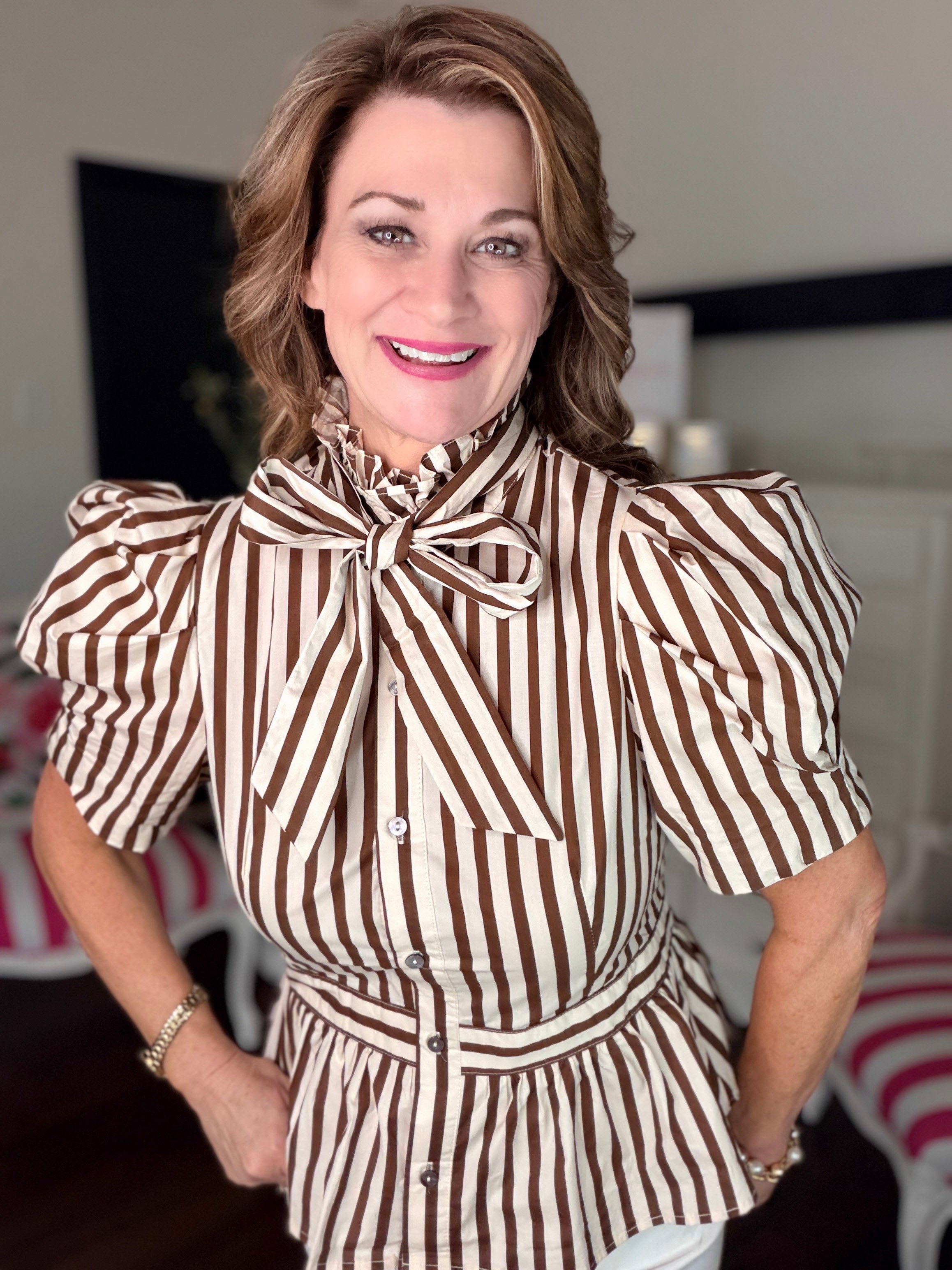 Striped Short Puff Sleeve Top-Ecru Brown