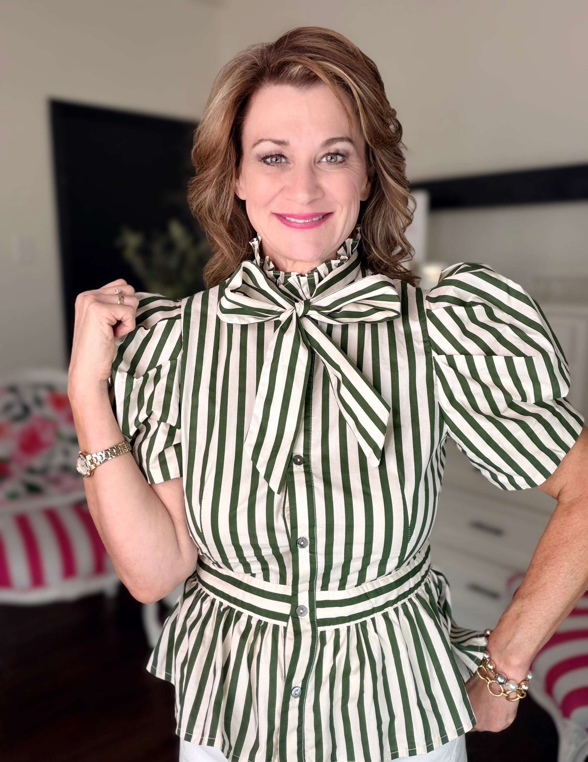 Striped Short Puff Sleeve Top-Olive