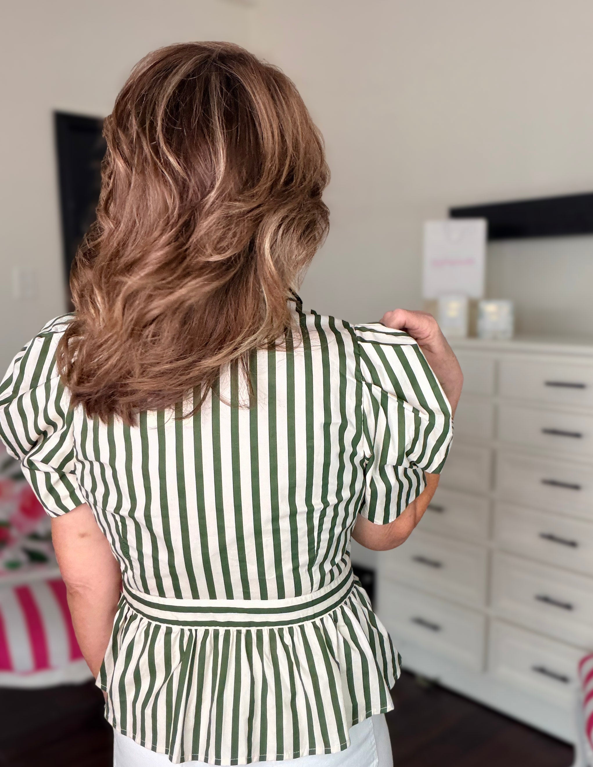 Striped Short Puff Sleeve Top-Olive