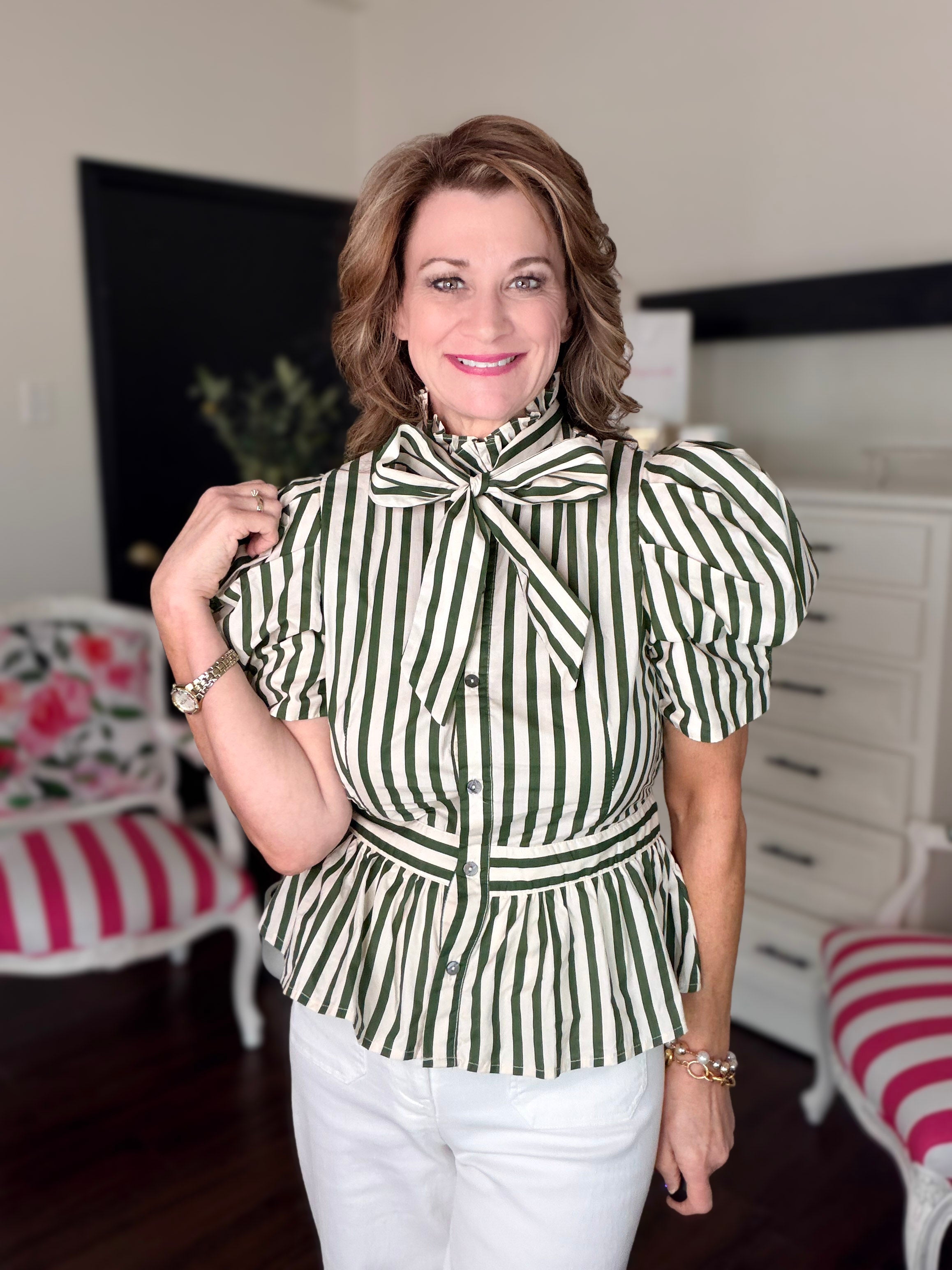 Striped Short Puff Sleeve Top-Olive