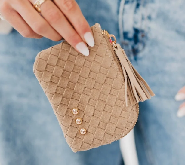 Suede Paris Card Wallet- Suede Taupe