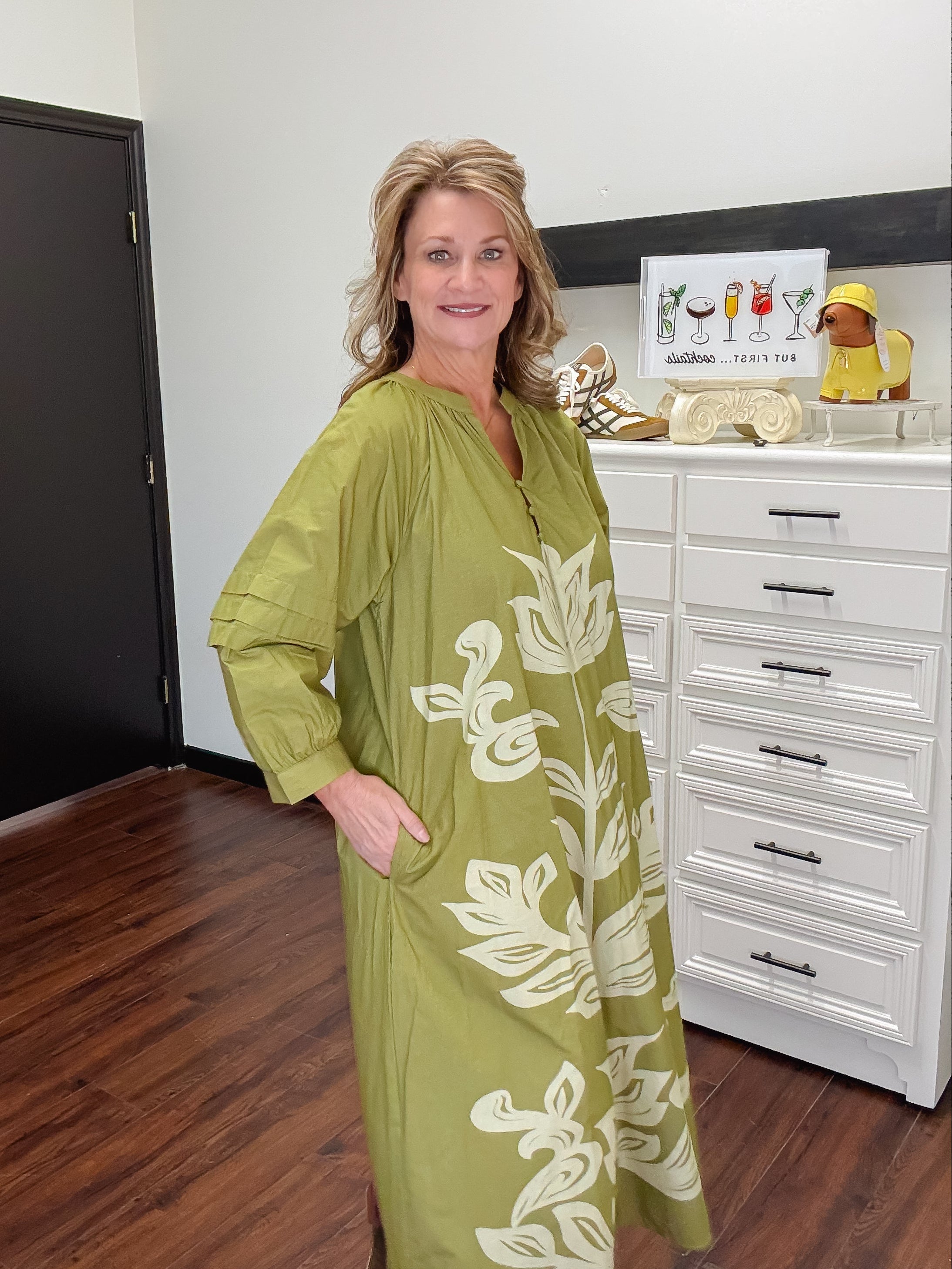 [THML] Flower Print Dress-Olive
