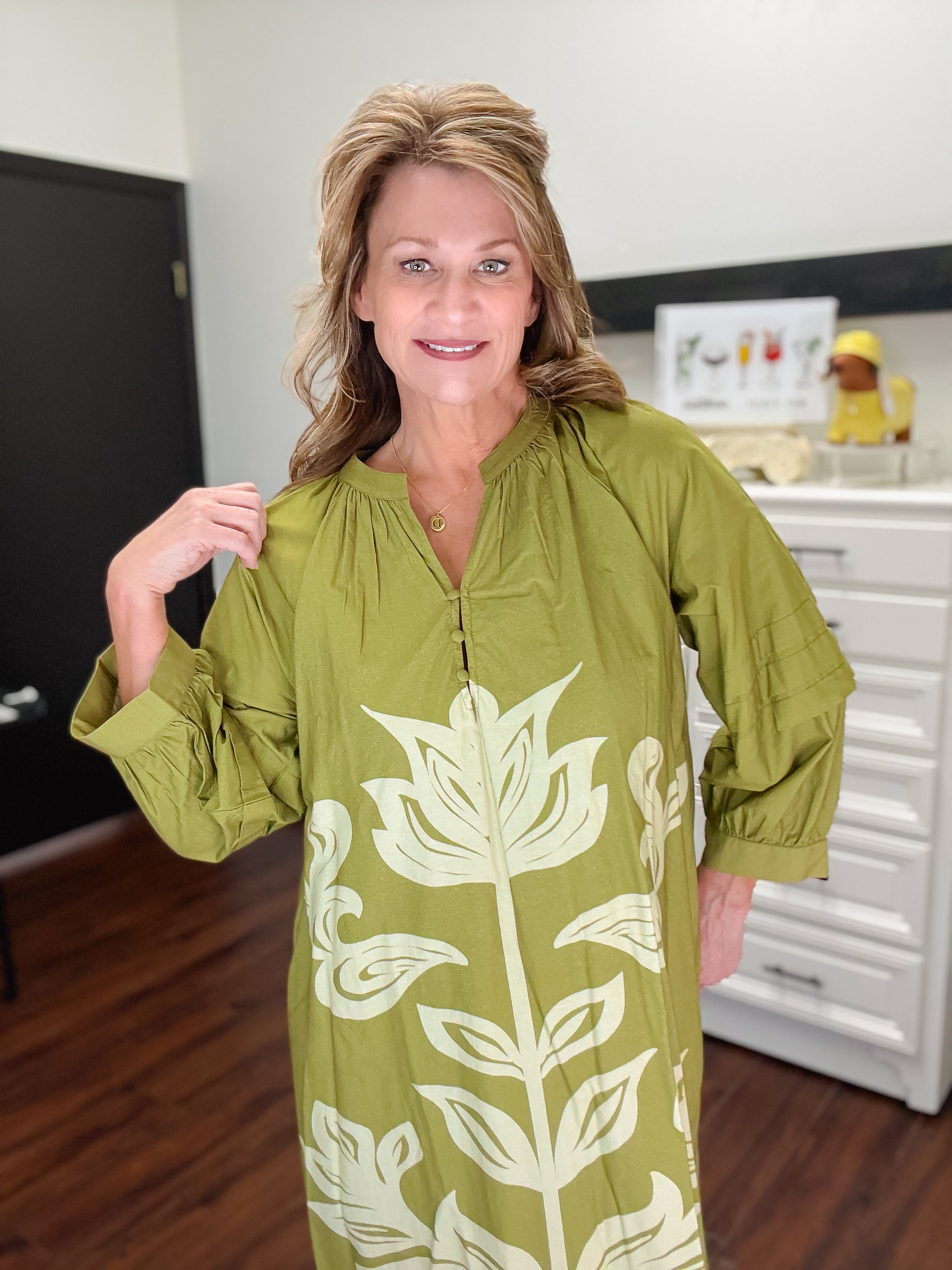 [THML] Flower Print Dress-Olive