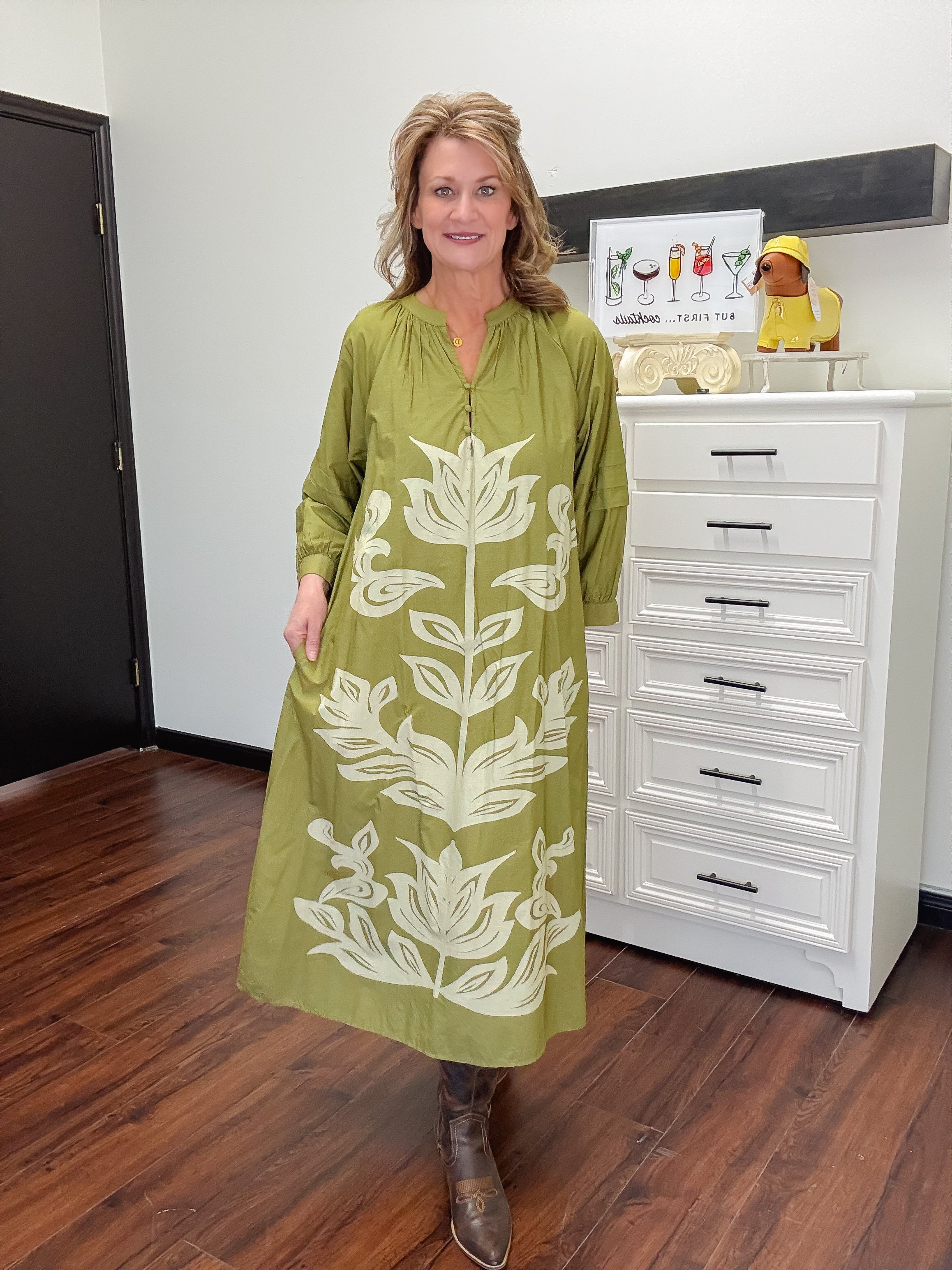 [THML] Flower Print Dress-Olive