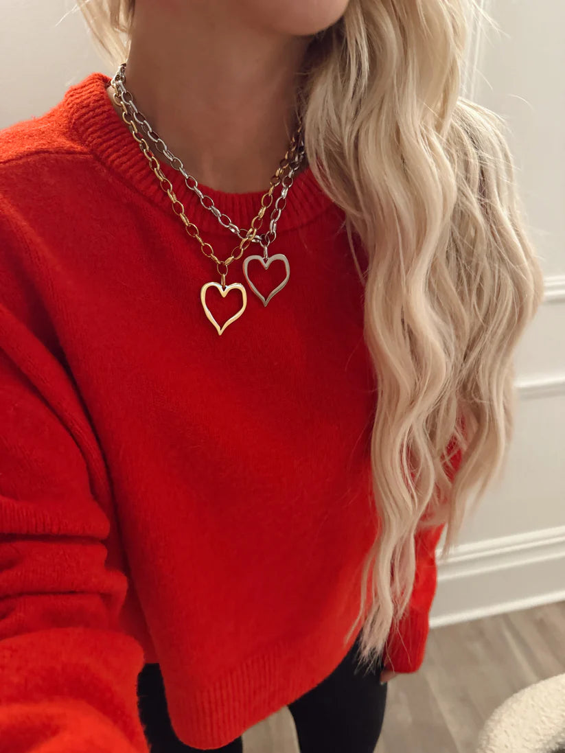 Large Open Heart Necklace-Silver