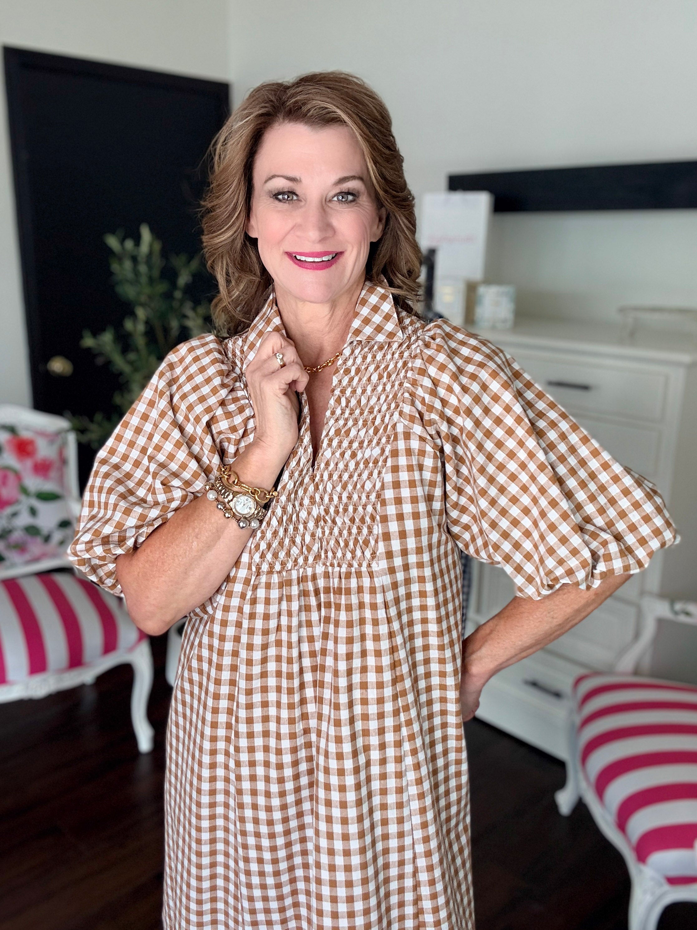 The Audrey Gingham Midi Dress-Brown