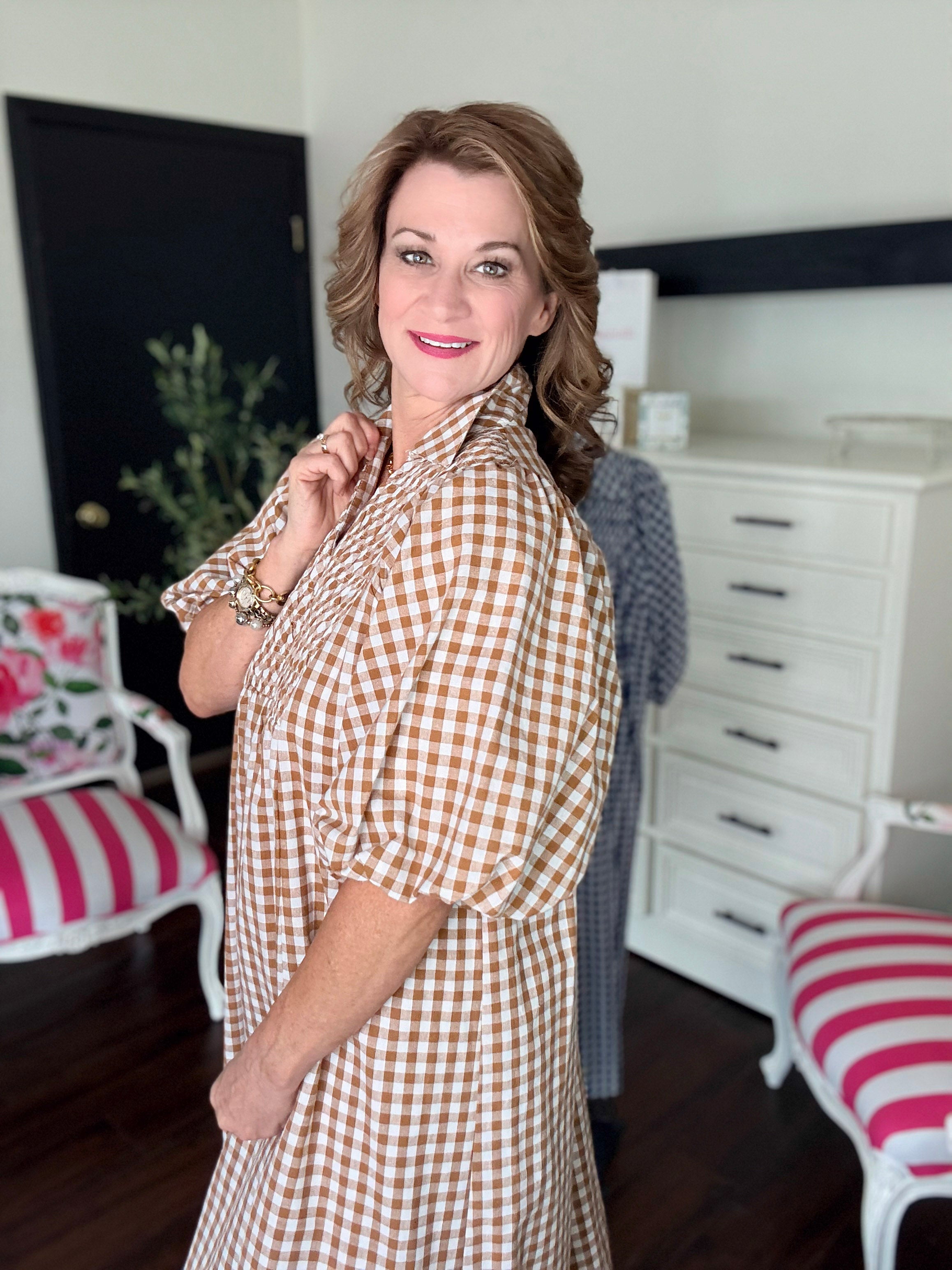 The Audrey Gingham Midi Dress-Brown