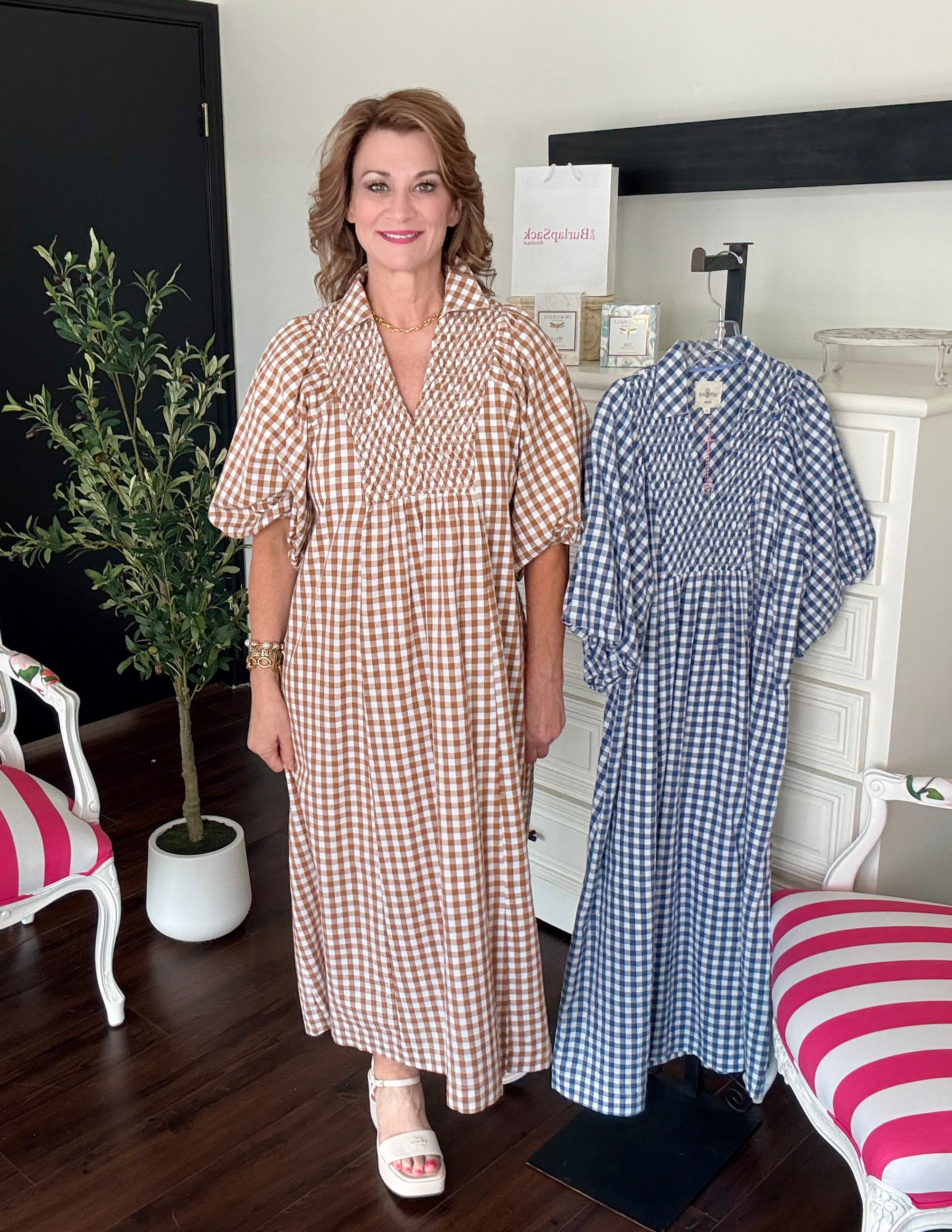 The Audrey Gingham Midi Dress-Brown